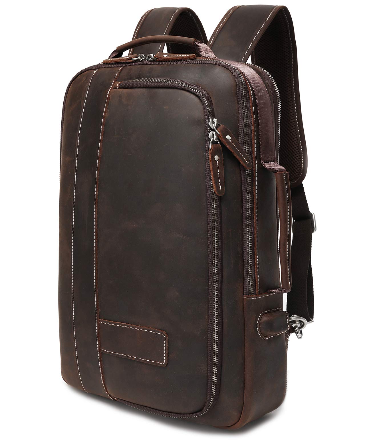 LANNSYNE Men's Full Grain Leather Expandable 15.6 Inch Laptop Backpack - Business Travel Bag with Shoulder Strap & Tote Handle - Durable Rucksack for Work, Commute & College (Black)