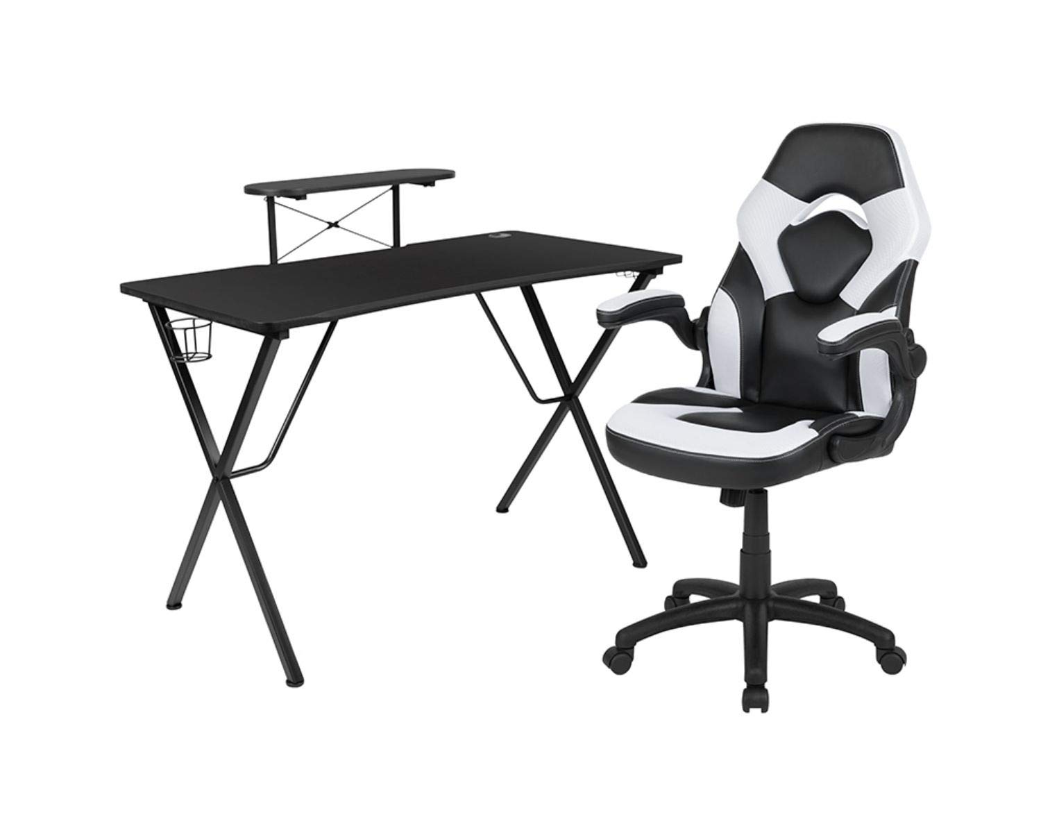 Flash Furniture Black Gaming Desk & White/Black Racing Chair Set with Cup Holder, Headphone Hook & Monitor Stand - Perfect for Esports, Streaming & Home Office Gaming Setup