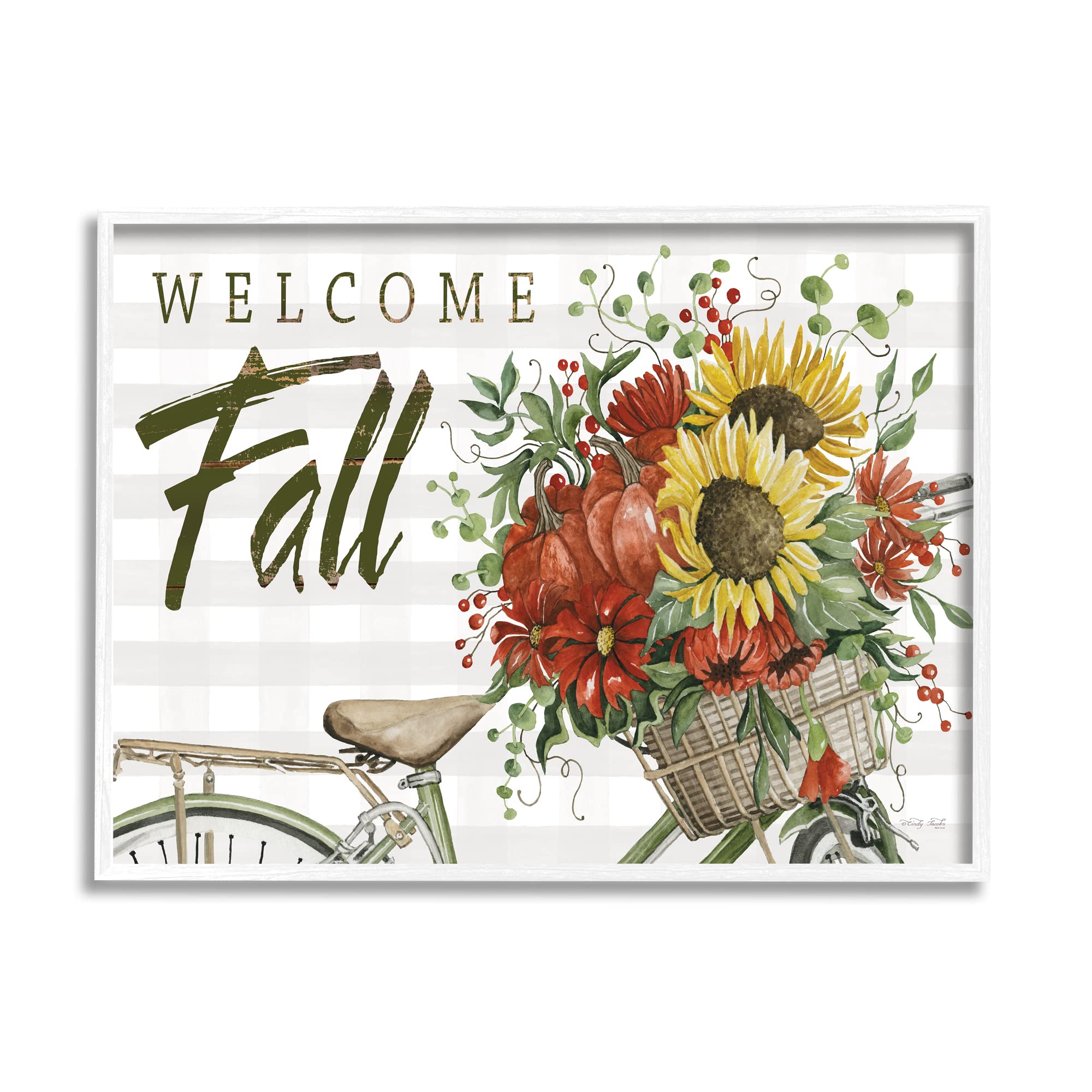 Stupell Industries Welcome Fall Autumnal Flower Bicycle Basket Framed Wall Art - Rustic Home Decor for Living Room, Bedroom & Office - Seasonal Autumn Decoration by Cindy Jacobs
