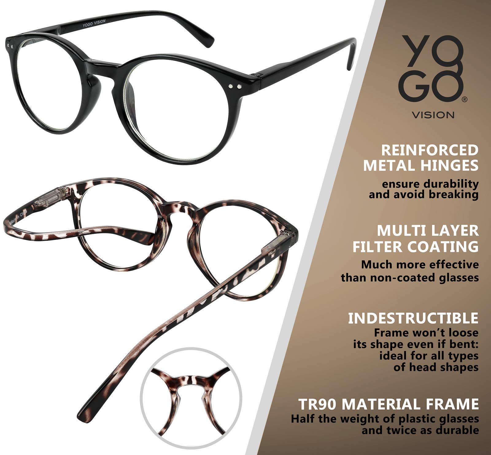 Blue Light Blocking Reading Glasses for Women & Men - Yogo Vision Round Readers for Computer, Office & Screen Use