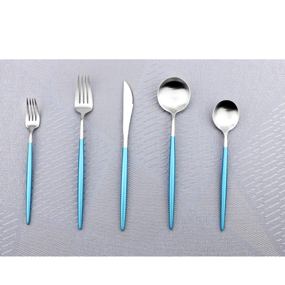 Premium 5-Piece Luxury Flatware Set - 18/10 Stainless Steel Silverware for Home, Kitchen, Hotel & Restaurant - Matte Finish with Blue Handle - Elegant Tableware Cutlery Set for 1 - Perfect for Dinner Parties, Wedding Gifts & Fine Dining Experiences