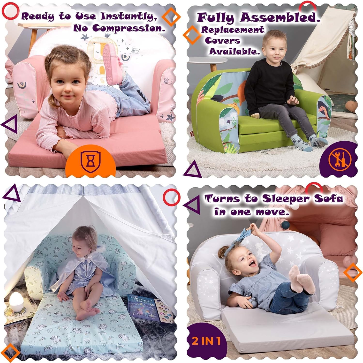 Delsit Kids Couch for Toddlers - 2 in 1 Convertible Foam Sofa to Lounger, Comfy Flip Out Lounge Chair for Children, Made in Europe - Perfect for Playroom, Nursery, or Kids Bedroom