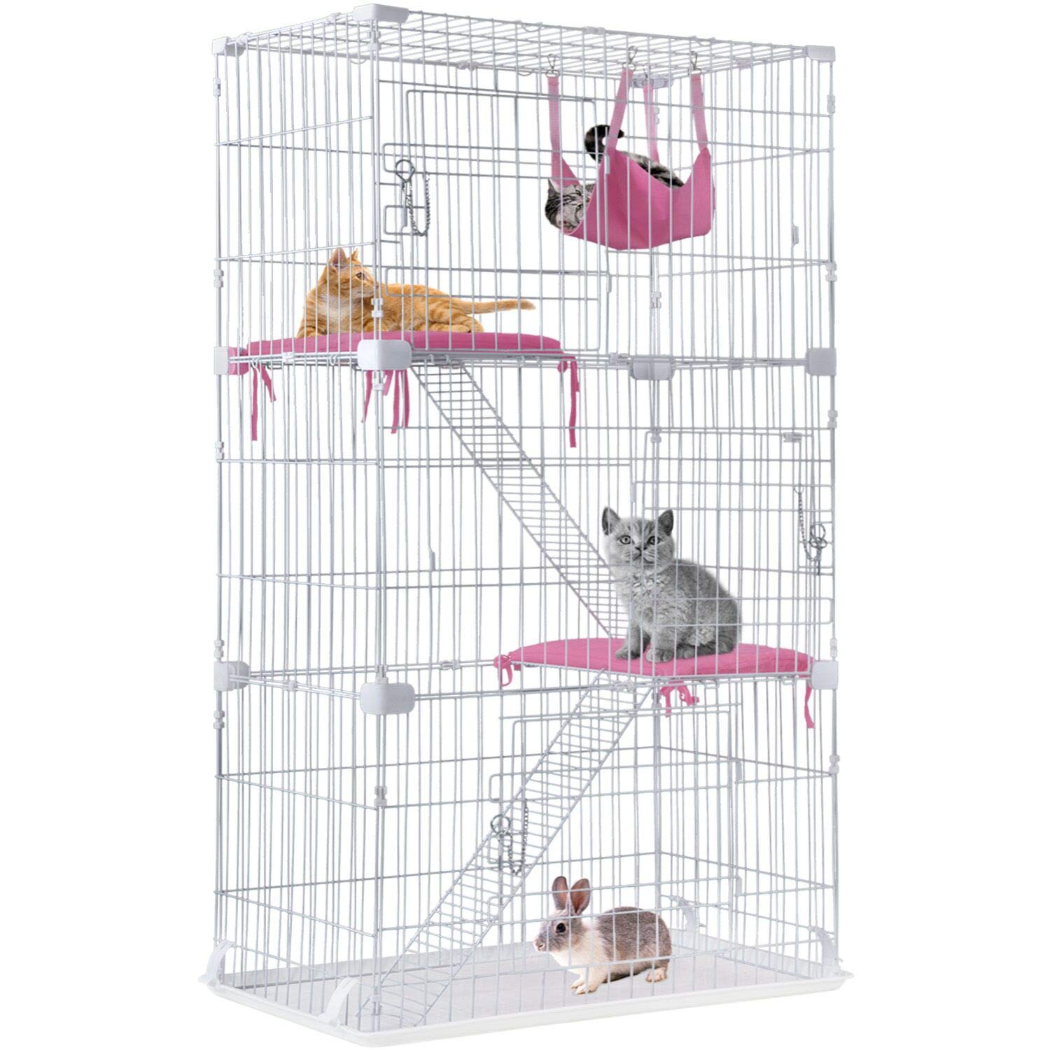 Large 67-Inch Cat Cage with Free Hammock, 3 Perching Shelves & Beds, 3 Front Doors & 2 Ramp Ladders - Multi-Level Cat Playpen & Kennel for Indoor Play, Training, and Safe Transportation