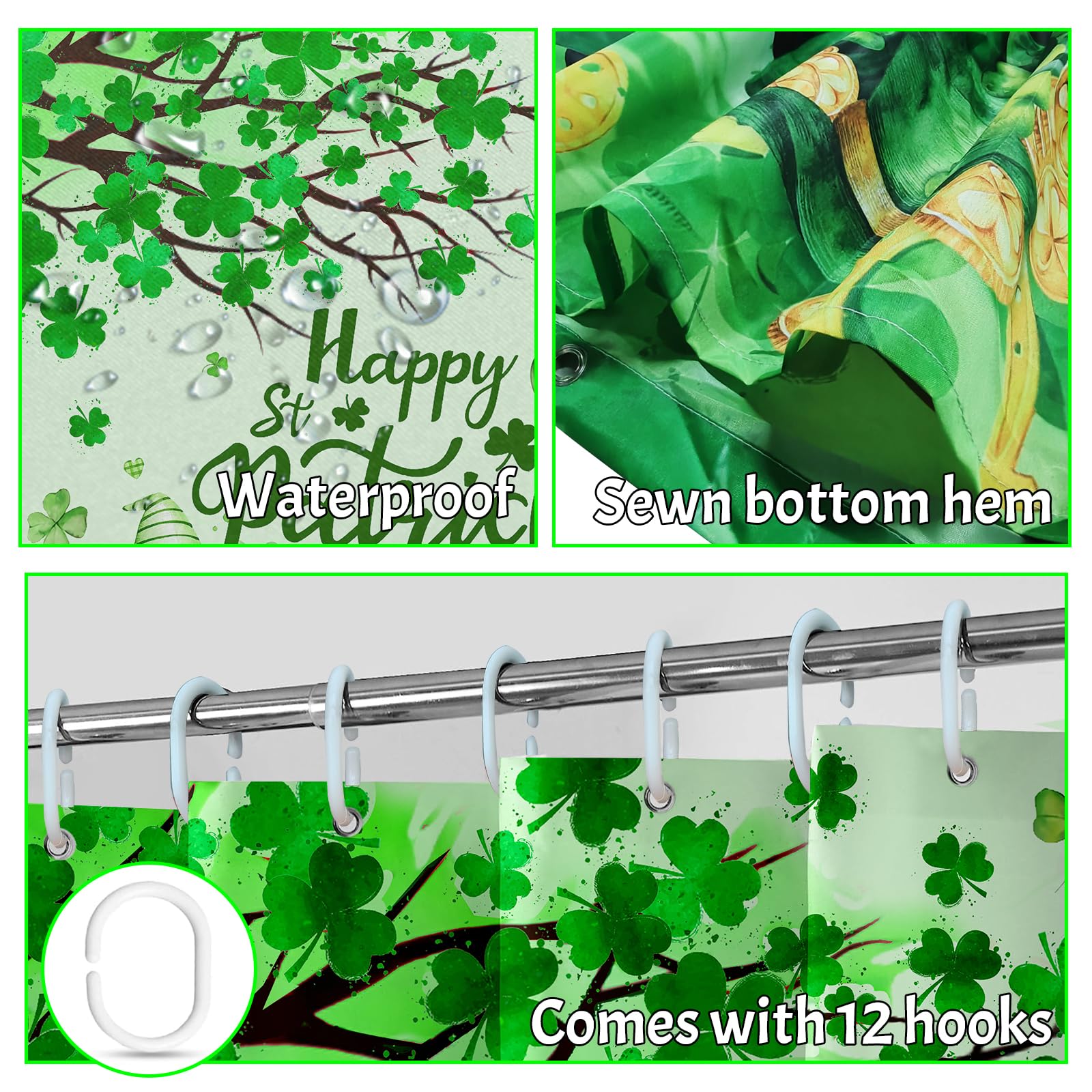 St. Patrick's Day Shower Curtain Set with Hooks & Bath Mat - Irish Gnome Themed Bathroom Decor for St. Paddy's Day Celebration - Perfect for Holiday Bathroom Makeover & Leprechaun Party Decorations