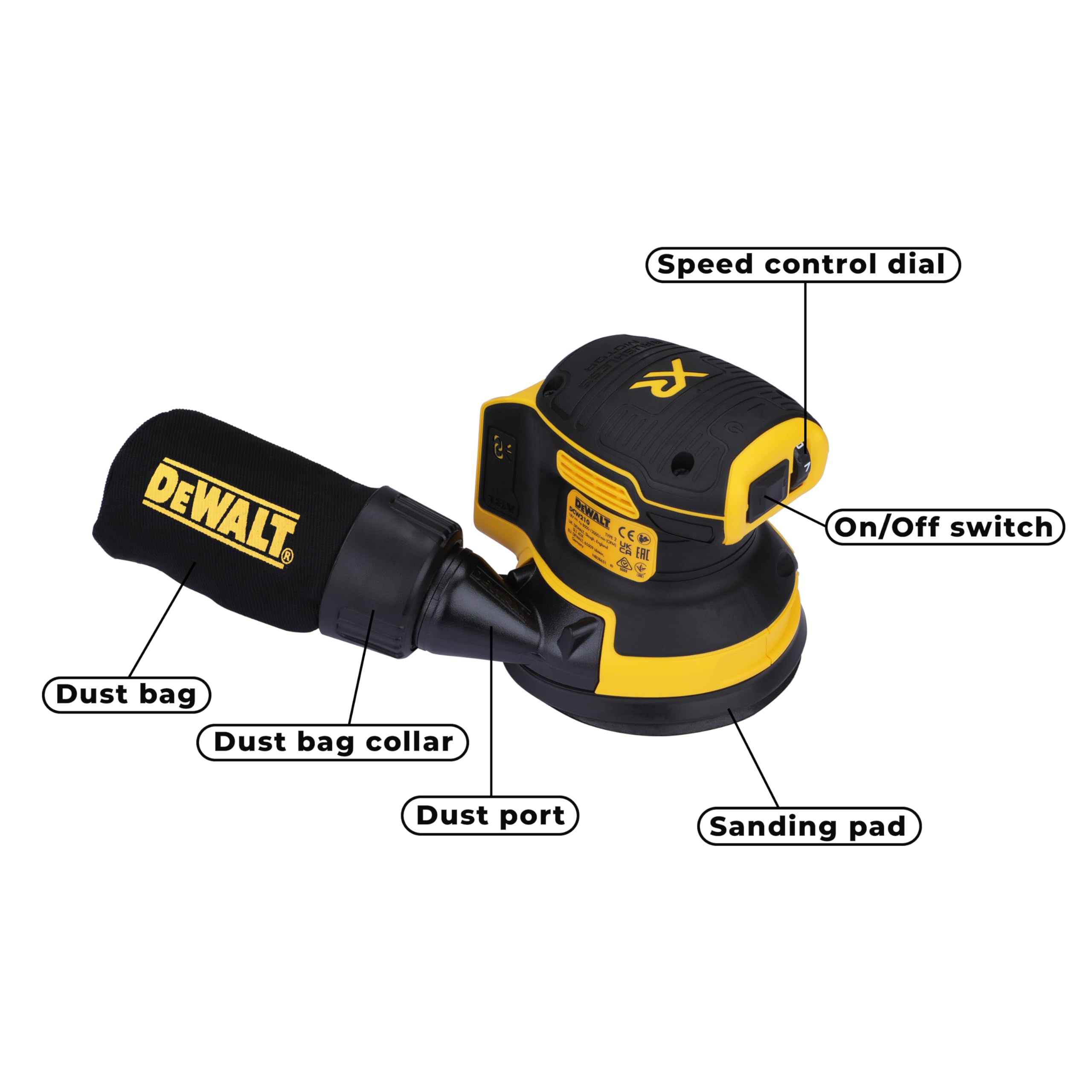 DEWALT DCW210N-XJ 18V XR Brushless Cordless Random Orbital Sander - Powerful Sanding Tool for Woodworking, DIY Projects & Home Renovation