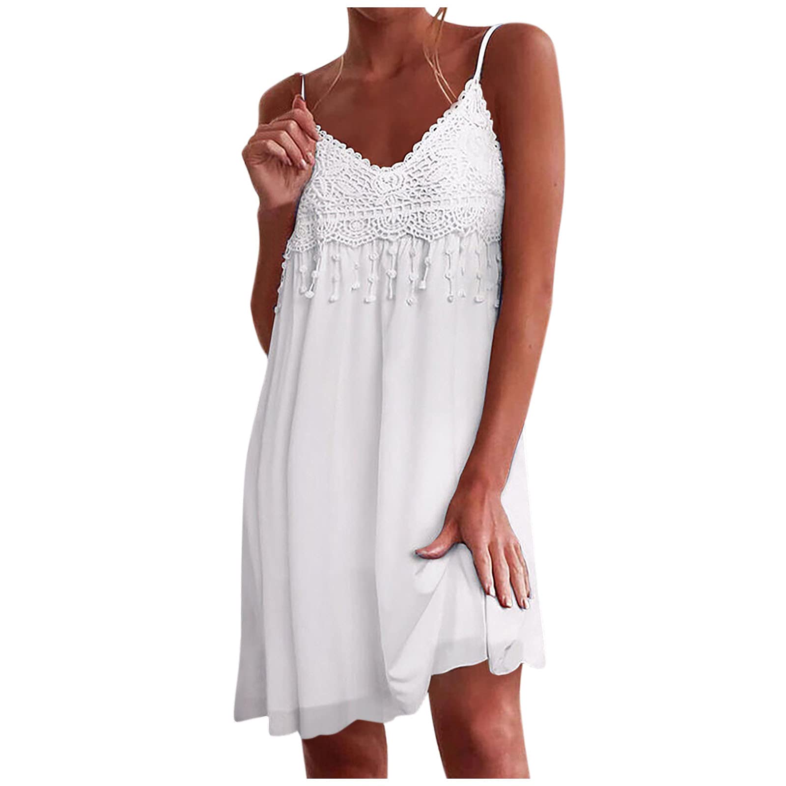 Sexy Sleeveless Lace Mini Dress for Women - Summer Beach White Knee-Length Casual Dress with Loose Hem | Perfect for Beach Vacations, Date Nights & Summer Parties