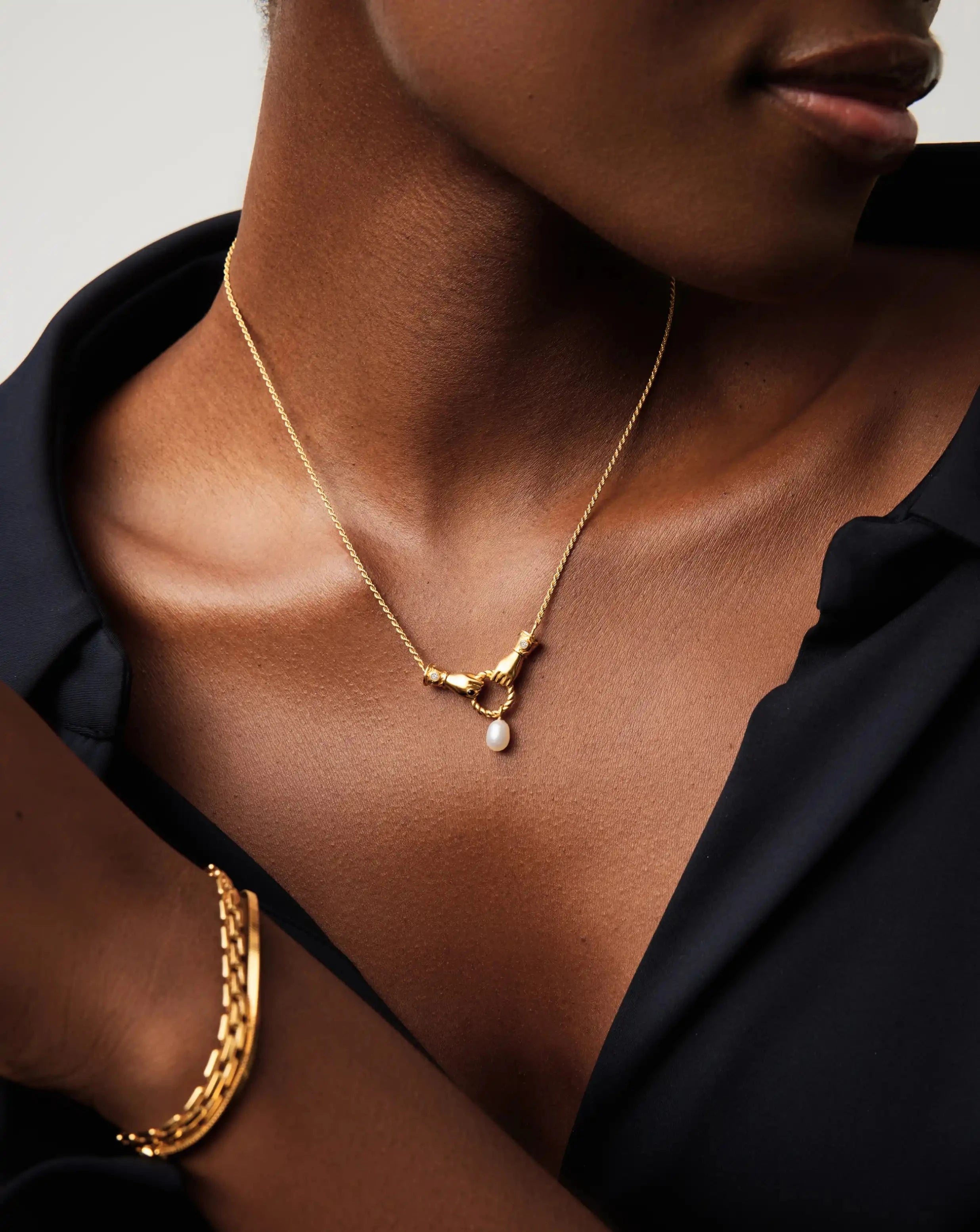 Harris Reed In Good Hands Drop Pendant Necklace - 18k Gold Plated with Pearl & Black Onyx | Elegant Layering Necklace for Women, Perfect for Date Night & Special Occasions
