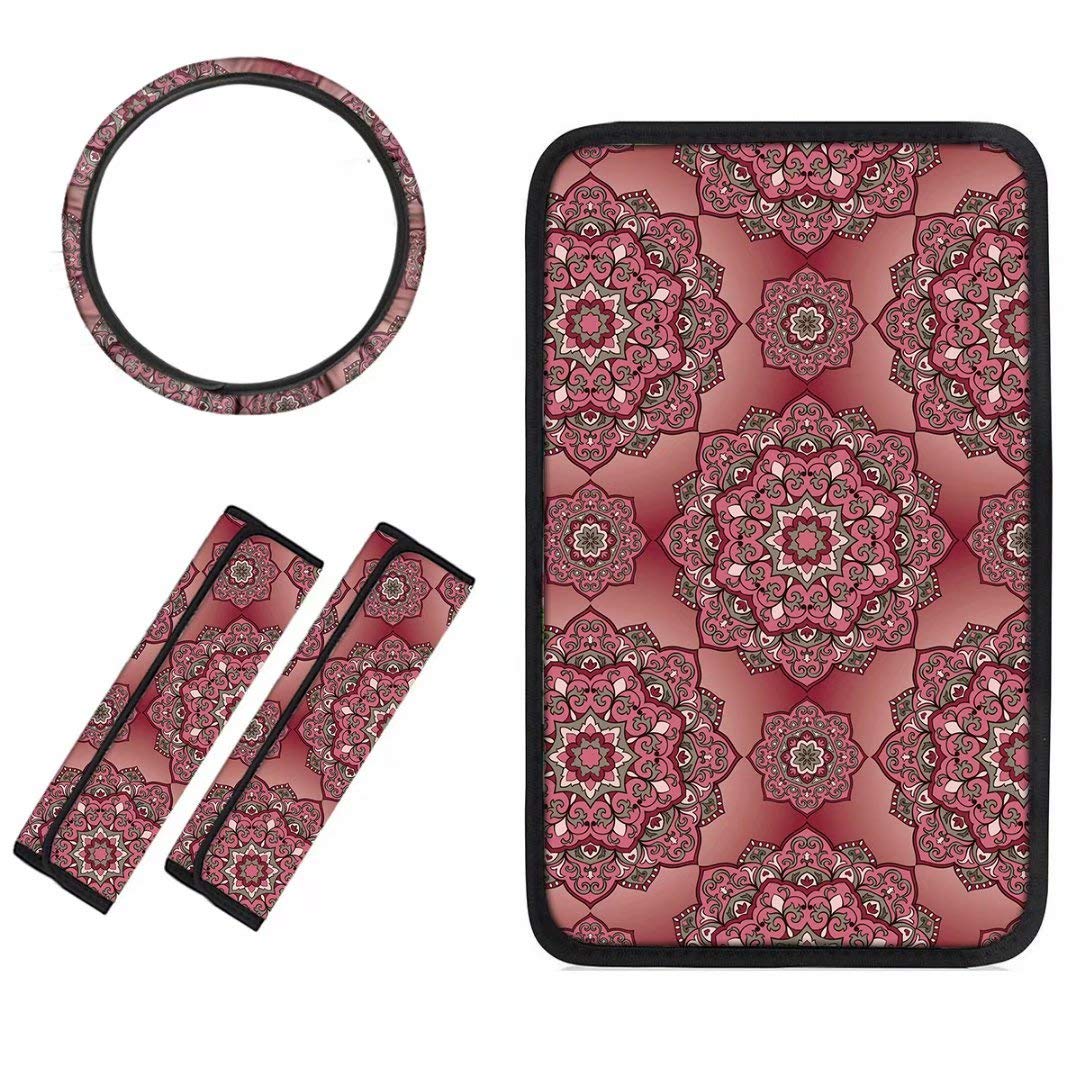 Deeprinter Mandala Flower Pattern Universal Steering Wheel Cover + Car Center Console Cover Soft + Seat Belt Covers Set - Non-Slip, Breathable Car Accessories for Sedan, SUV, Truck - Boho Style Interior Upgrade for Comfort & Safety