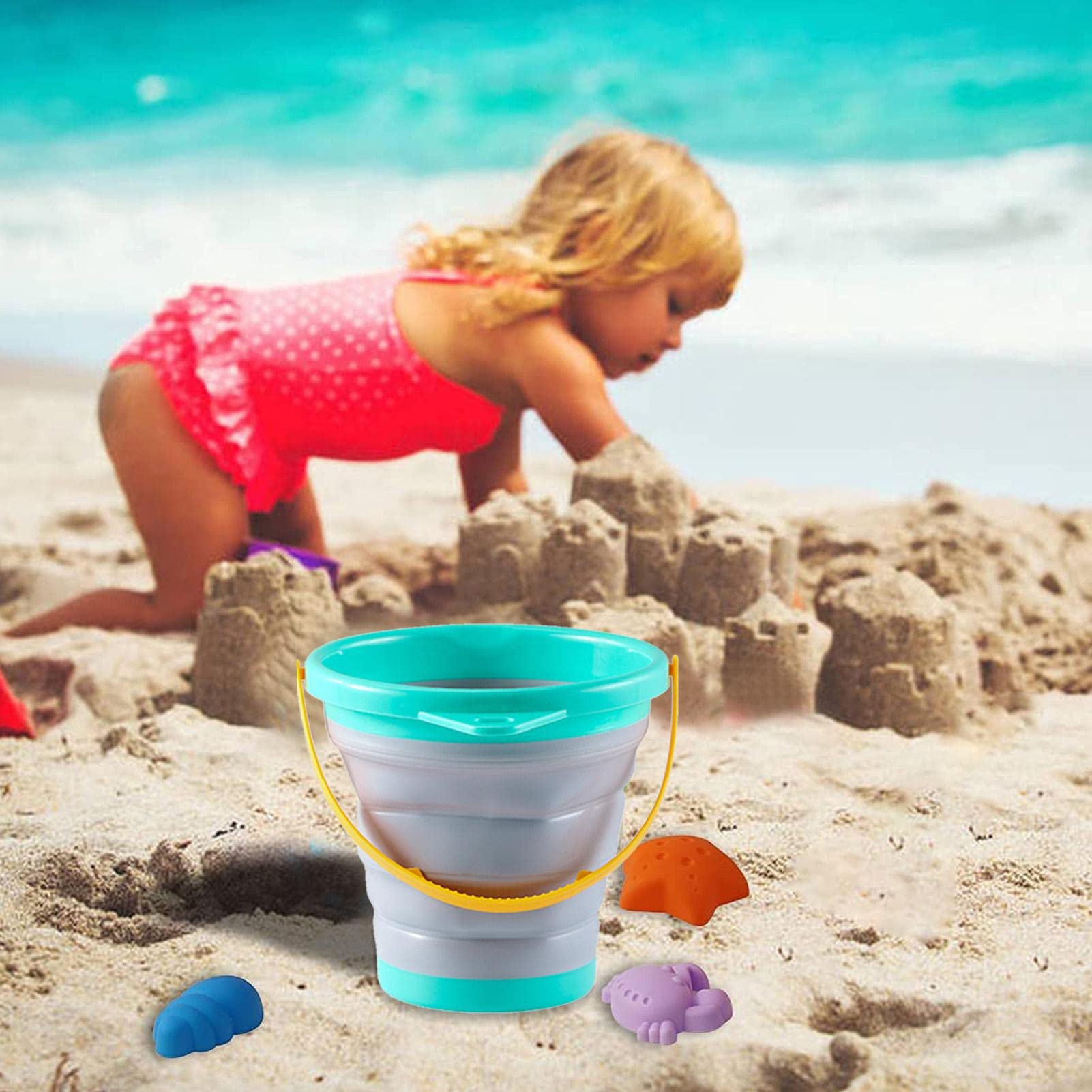 Foldable Beach Bucket Toy - Portable Sand & Water Bucket with Handle for Kids - Perfect for Beach, Sandbox, Fishing & Camping - Compact 22.5 x 17 x 12 cm - Great Summer Outdoor Activity Essential (Shovel Not Included)