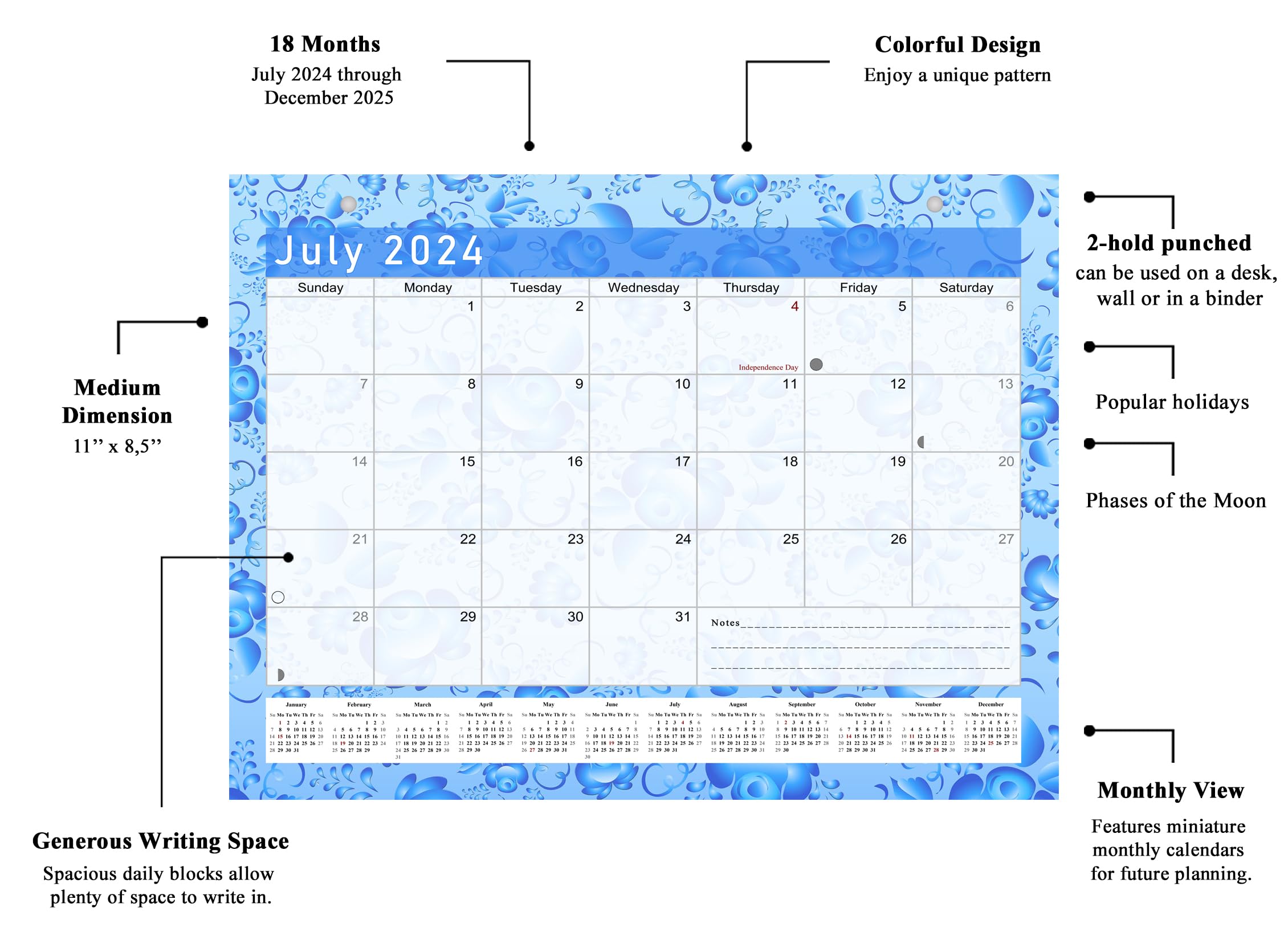 2024-2025 18-Month Magnetic Desk Calendar & Wall Planner - Monthly Organizer with Bonus Stickers (Edition #19) - Perfect for Office, Home & School Planning