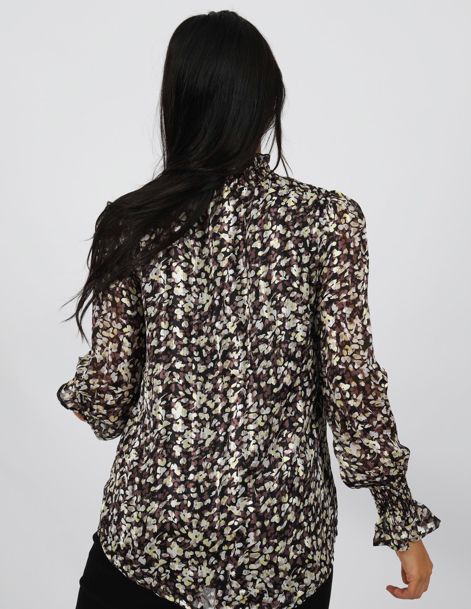 Stylish High Neck Printed Long Sleeve Top with Shirred Cuff - Women's Fashion Blouse for Casual Wear, Office & Date Night Outfits