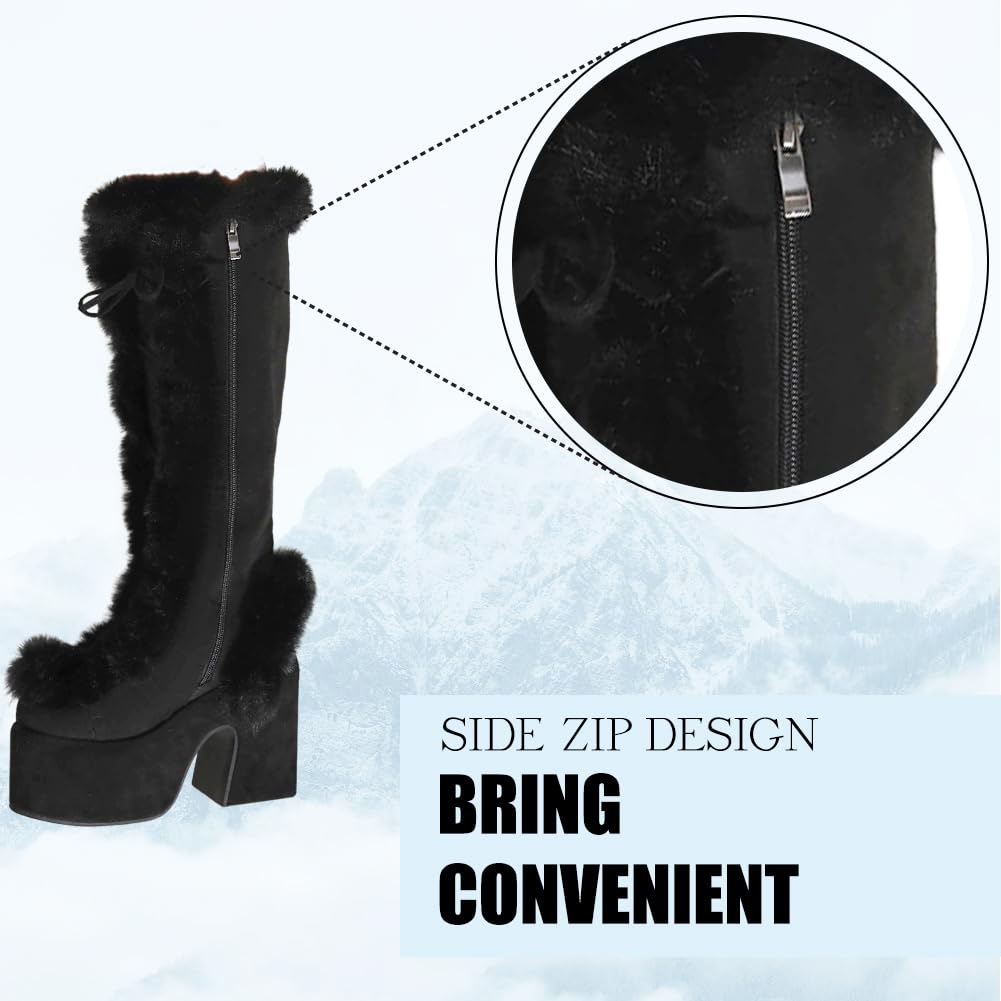 CELNEPHO Women's Knee High Boots with Side Zipper - Warm Faux Fur Lined Platform Chunky Heel Punk Goth Boots for Winter Snow Walking | Perfect for Cold Weather, Outdoor Activities & Fashion Streetwear