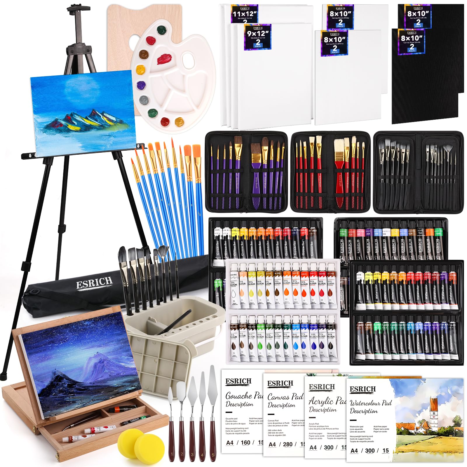 ESRICH 166-Piece Deluxe Painting Set for Adults & Kids - 96 Oil, Watercolor, Gouache & Acrylic Paints with 45 Brushes, Metal/Wooden Easels, Canvas & Paper Pads - Complete Artist Painting Supplies Kit for Beginners, Professionals & Classroom Use
