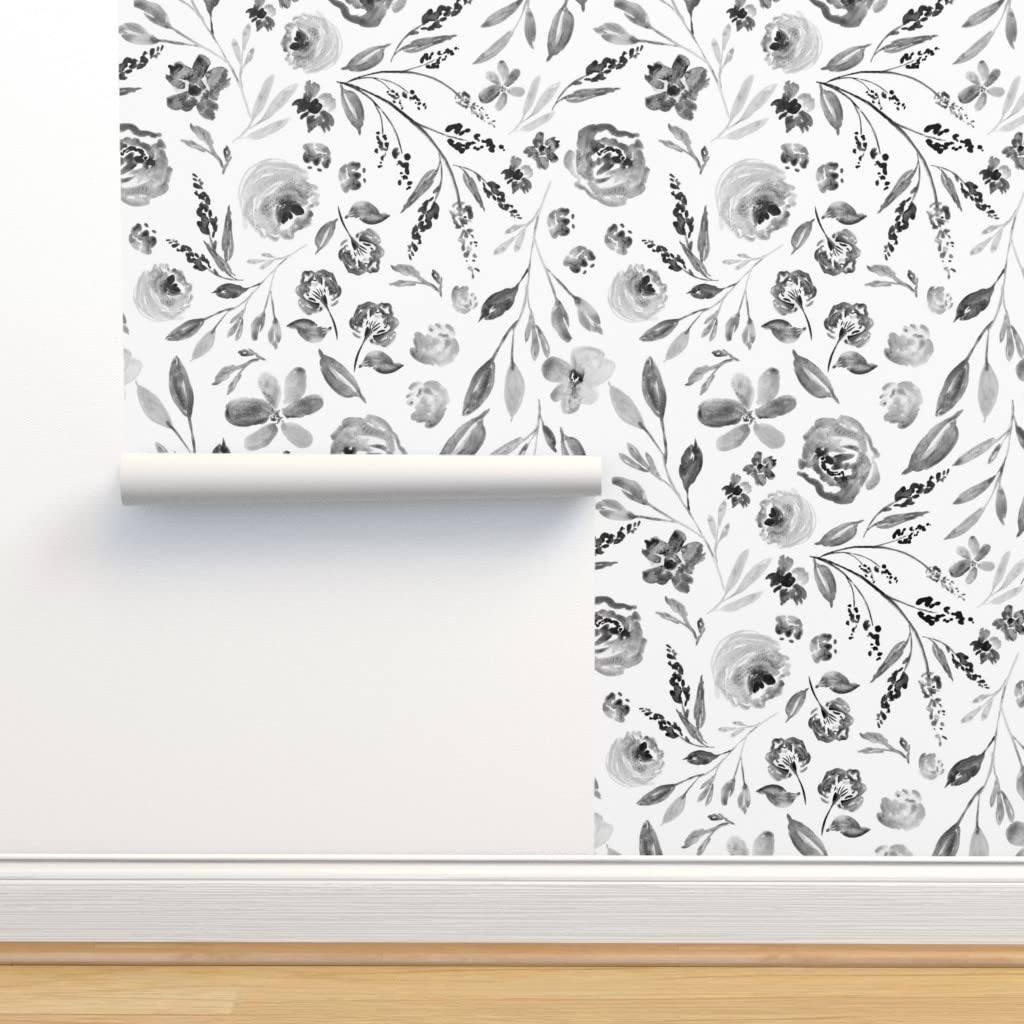 Peel & Stick Removable Wallpaper 9ft x 2ft - Small Gray Farmhouse Floral Watercolor Design | Self-Adhesive Wall Decal for Bedroom, Nursery, Kitchen & Office Decor | Spoonflower Custom Wallpaper
