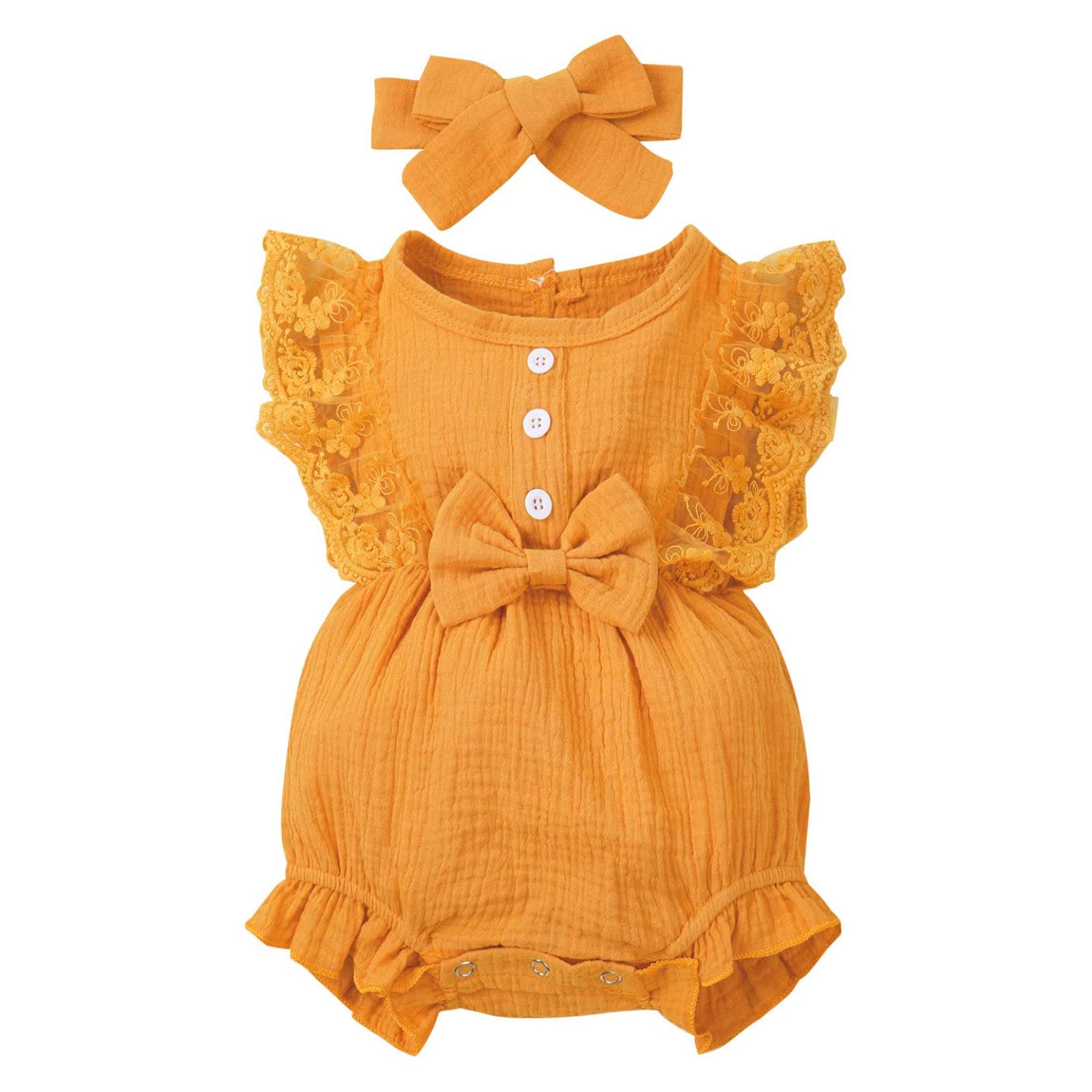 Yartina Baby Girls Summer Romper - Lace Ruffle Sleeve Princess Jumpsuit with Button Down & Headband | Cute Outfit for Playdates, Beach Trips & Photoshoots