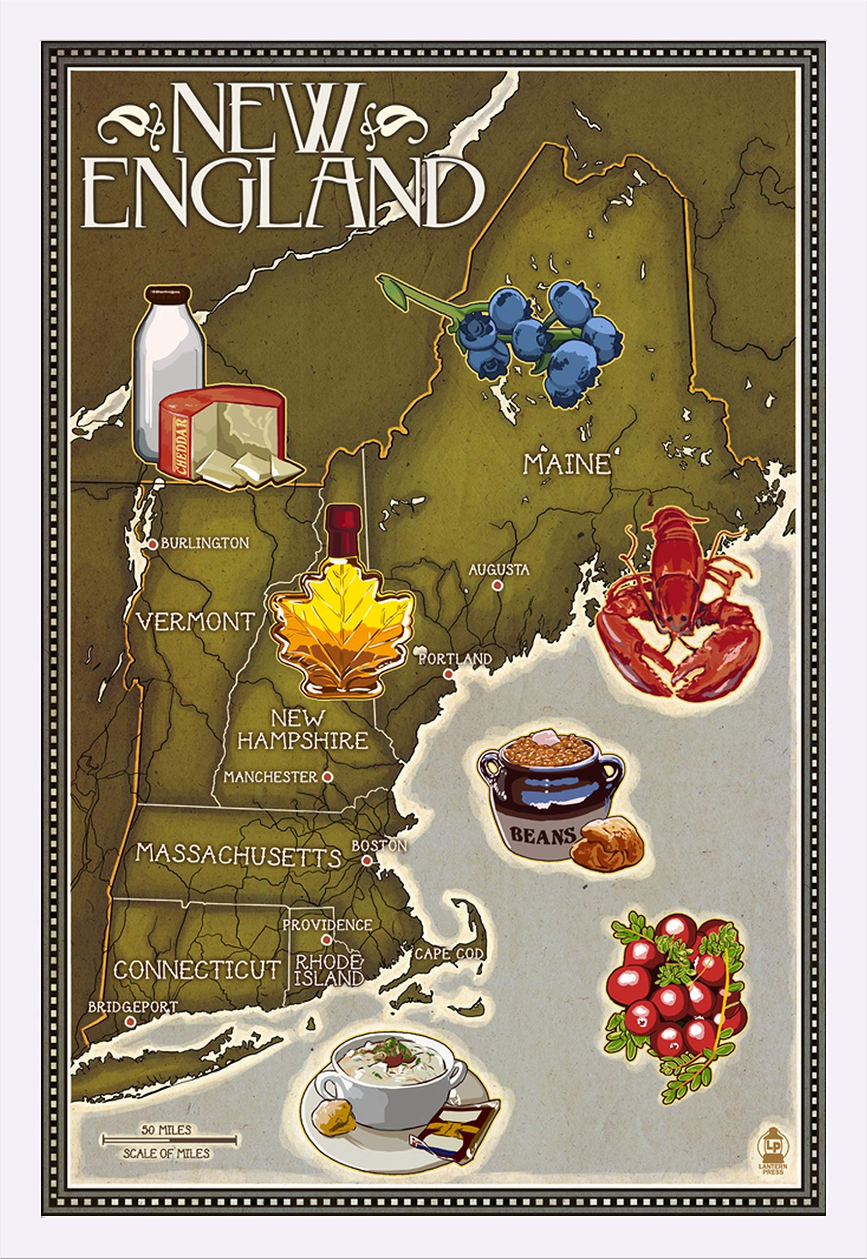 Foods of New England Map - 24x36 Giclee Art Print Gallery Framed in White Wood - Perfect for Kitchen Decor, New England Themed Dining Room, or Gift for Food Lovers