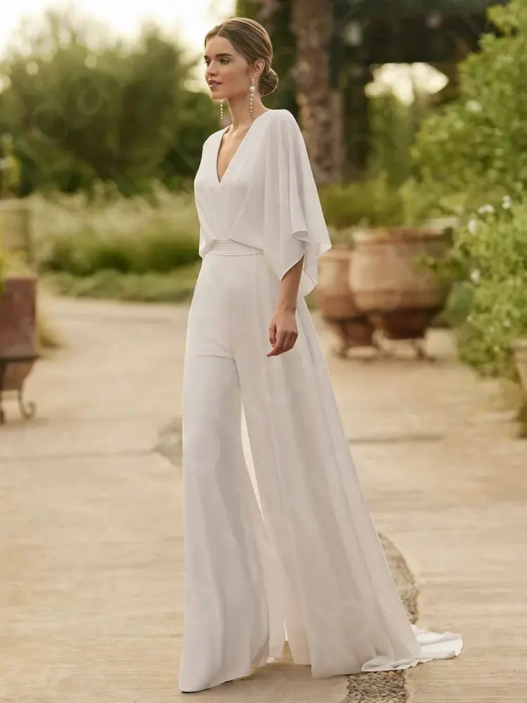 Elegant White Wedding Pantsuit for Women - V Neck 3/4 Sleeve Backless Jumpsuit | Perfect for Bridal Shower, Engagement Party & Formal Events