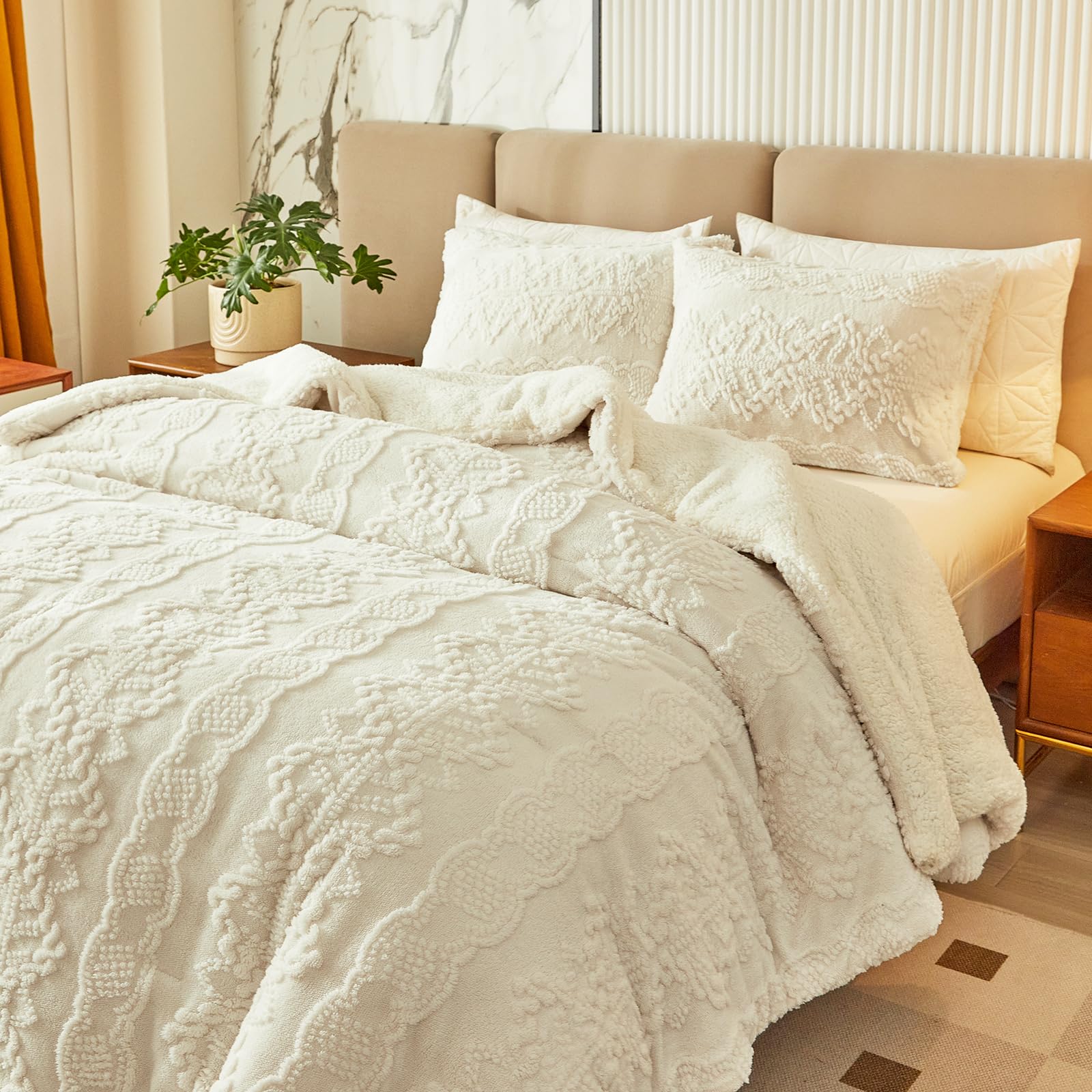 Luxury Flannel Fleece Sherpa Comforter Set Twin Size - Jacquard Boho Stripes Down Alternative Comforter White - Ultra Soft & Warm 3-Piece Bedding Set (1 Comforter + 2 Pillowcases) - Perfect for Winter Bedrooms, Guest Rooms & Cozy Cabin Retreats