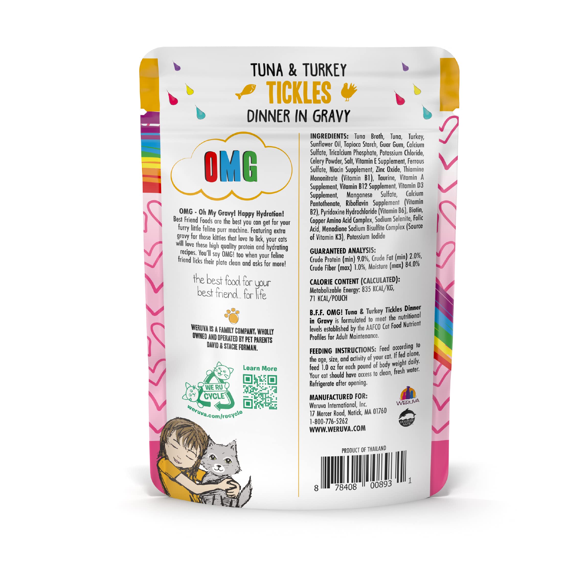 Weruva B.F.F. OMG Best Feline Friend Oh My Gravy! Tuna & Turkey in Gravy Cat Food - Grain-Free, High Protein Wet Cat Food for Adult Cats, 3oz Pouch (Pack of 12) - Perfect for Mealtime, Travel & Treats