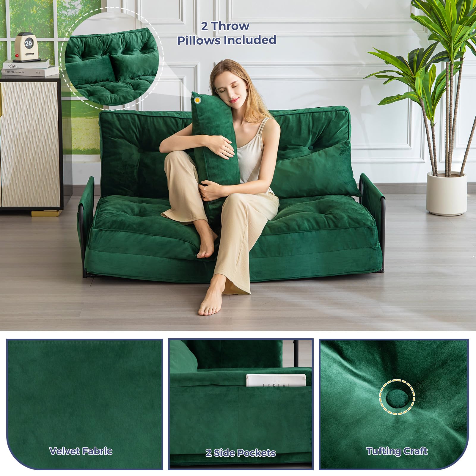 MAXYOYO Adjustable Floor Sofa Couch - Velvet Convertible Lazy Sofa Sleeper Bed with Pillows & Armrest, Double Size in Green | Perfect for Small Spaces, Living Rooms & Guest Beds