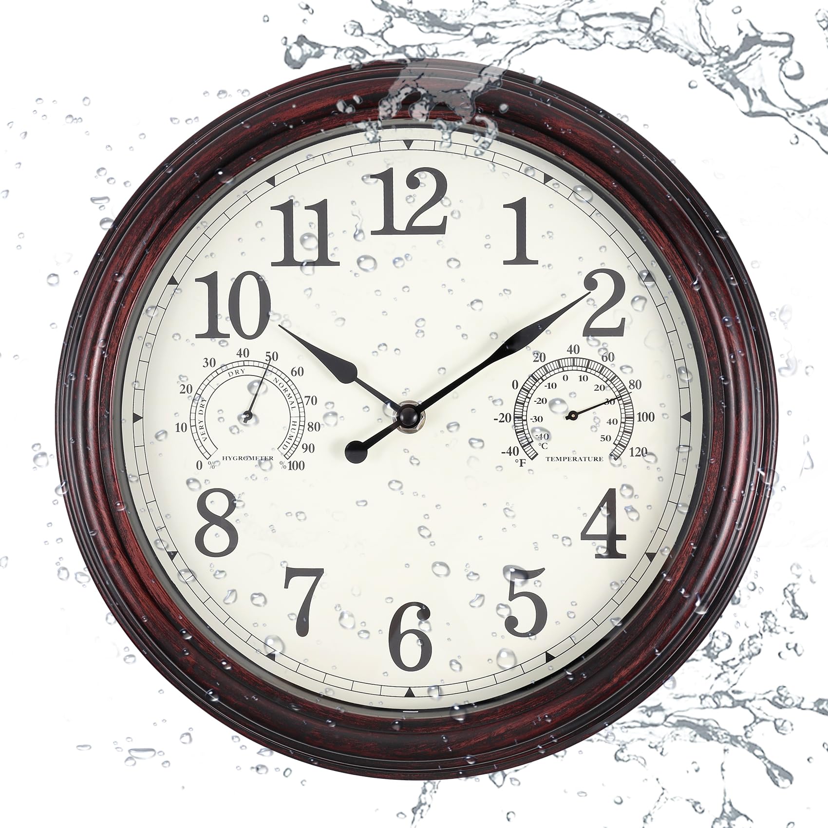 12 Inch Outdoor Wall Clock with Temperature & Humidity - Waterproof Plastic Patio Clock for Garden, Backyard & Porch - Weather Resistant Dark Brown Wall Clock for Outdoor Decor & Home Use