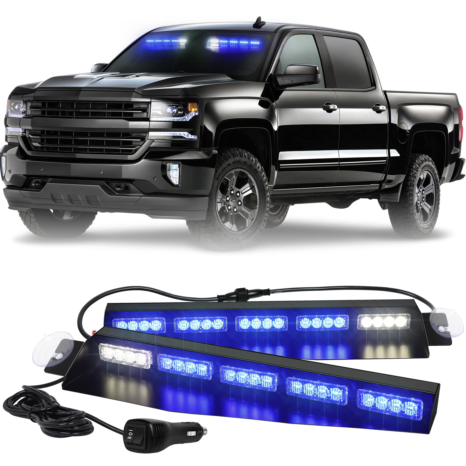 XRIDONSEN 40 LED Blue Emergency Visor Light Bar - 2x17 Inch Interior Windshield Strobe Warning Lights with White Take Down Deck & Split Mount for Police, Firefighter, Security Vehicles & Trucks - Perfect for Roadside Emergencies, Night Patrols & Traffic Control