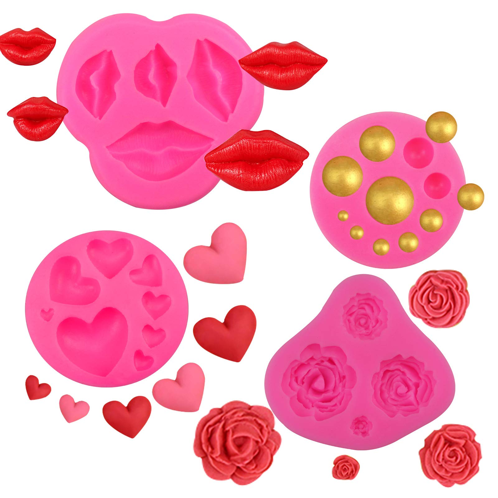 4-Piece Rose Heart Lips Dot Silicone Molds for Fondant, Gum Paste, Candy & Chocolate - DIY Cake Decorating, Sugar Crafts, Cupcake Toppers & Wedding Desserts
