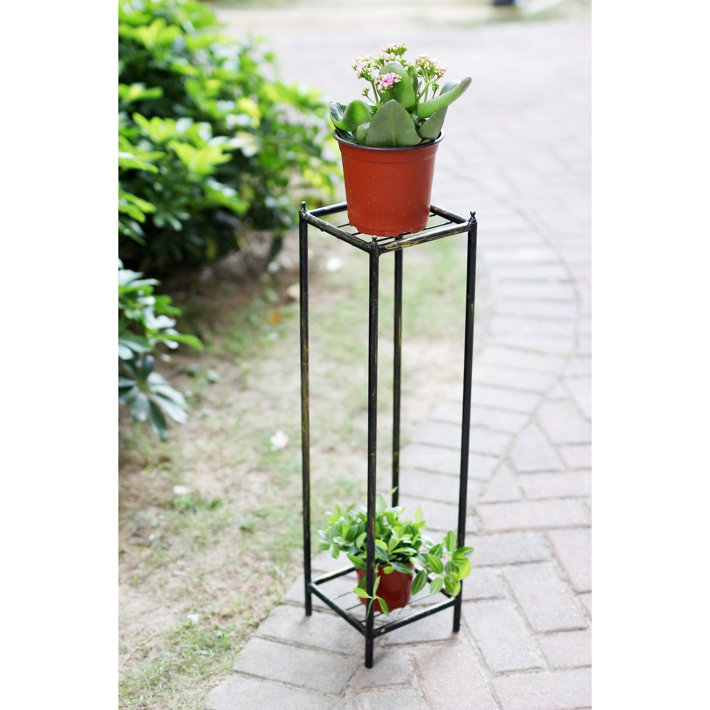 28.5 Inch Gray Stone Slab 2-Tier Medium Square Cast Iron Plant Stand - Indoor/Outdoor Flower Pot Holder for Patio, Garden & Home Decor