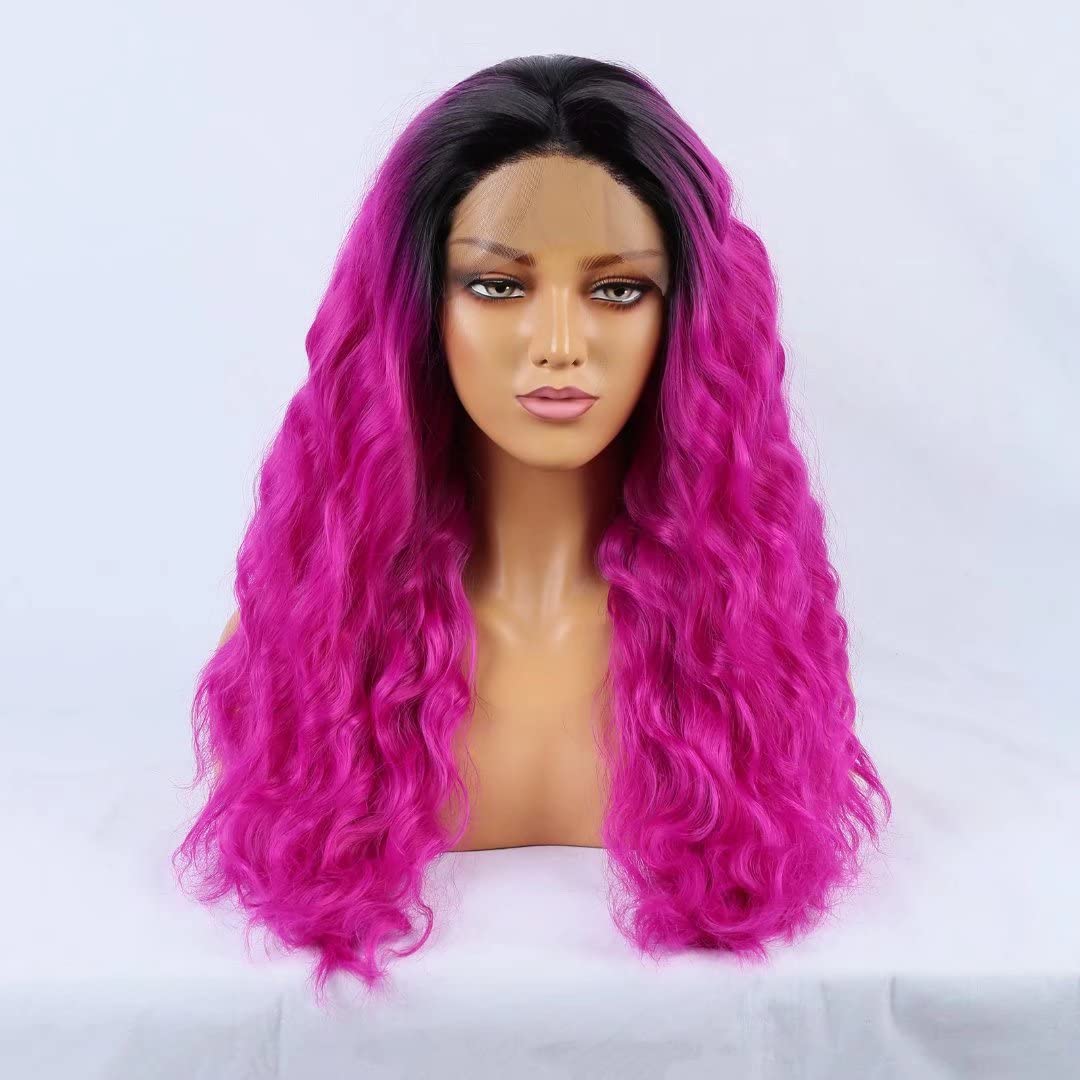 Ombre Pink Lace Front Wigs with Black Roots - 20 Inch Loose Curly Synthetic Wig for Women | Natural Hairline & Free Part | Cosplay, Daily Wear, Parties & Special Occasions