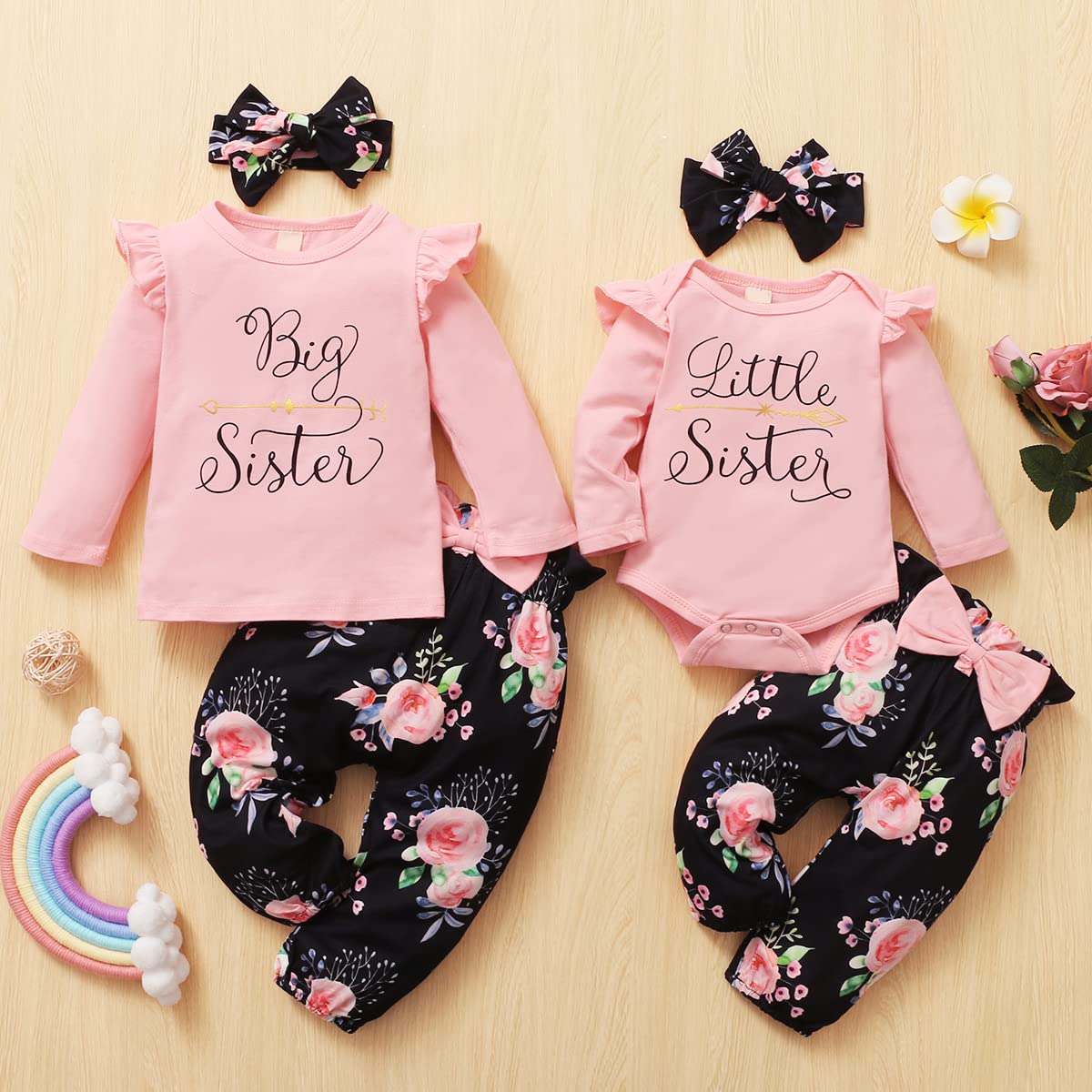 AMAWMW Big Sister Little Sister Matching Outfits - Toddler & Newborn Girl Clothes Set with Ruffle Romper, Floral Pants & Headband (3Pcs) - Perfect for Family Photos, Sibling Bonding & Special Occasions