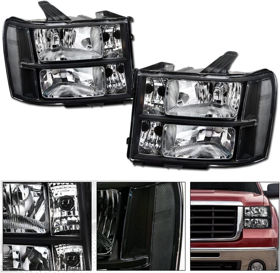 2007-2014 GMC Sierra 1500/2500HD/3500HD/Denali Replacement Headlights - OE Style Euro Black Crystal Clear Housing with Turn Signal & Parking Lights (Pair) | Durable LED Headlamps for Night Driving & Off-Road Use