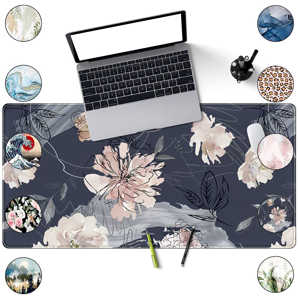 XL Gaming Mouse Pad (31.5x15.7 Inch) - Large Non-Slip Base with Stitched Edges, Waterproof Keyboard Mouse Mat Desk Pad for Work & Gaming - Blue Grey Pink White Peony Design - Perfect for Office, Home & Esports Setup