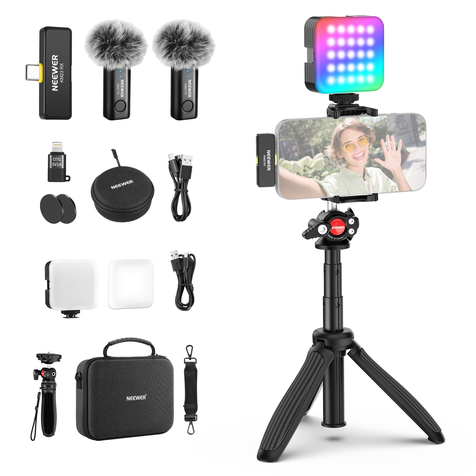 NEEWER PA048 Smartphone Vlogging Kit with RGB LED Light, Wireless Microphone & Extendable Selfie Stick - Perfect for YouTube, TikTok & Live Streaming