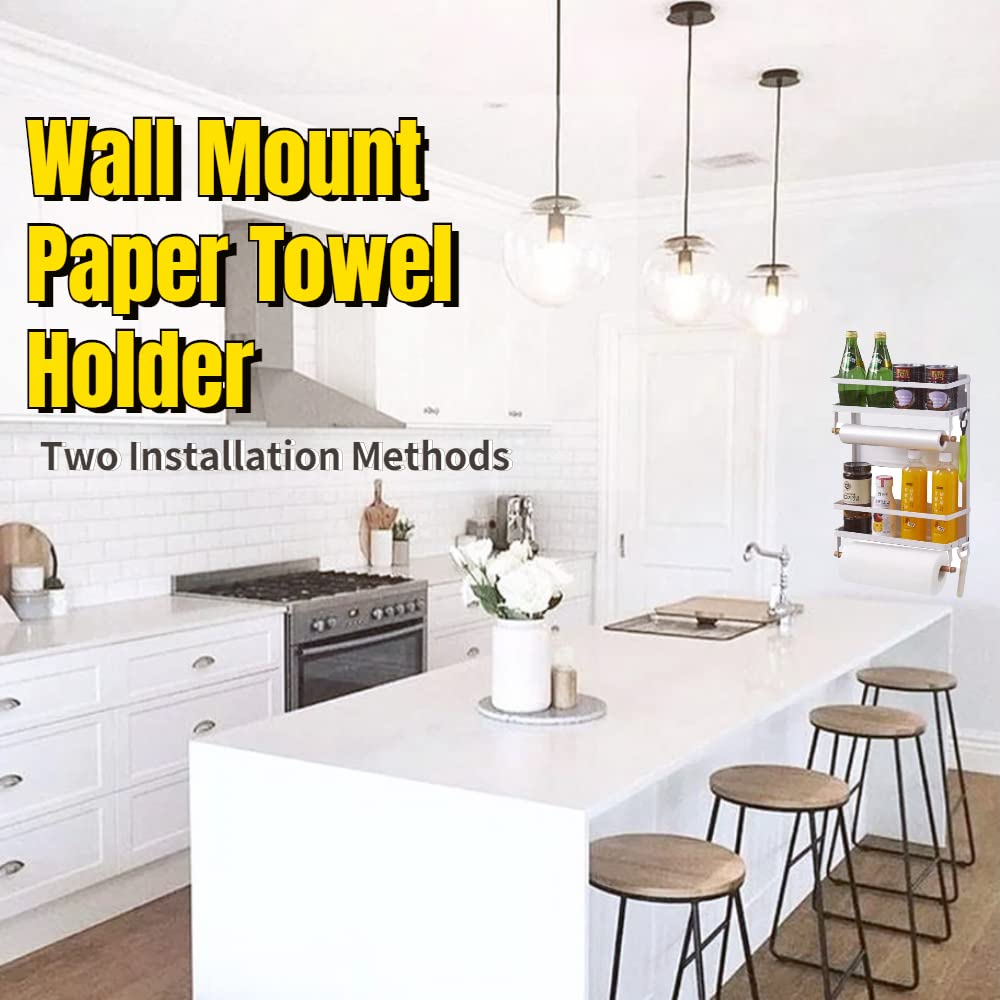 2-Tier Magnetic Spice Rack & Paper Towel Holder - White Large Refrigerator Organizer for Kitchen Storage | Space-Saving Spice Shelf for Pantry, Cabinets & Countertops