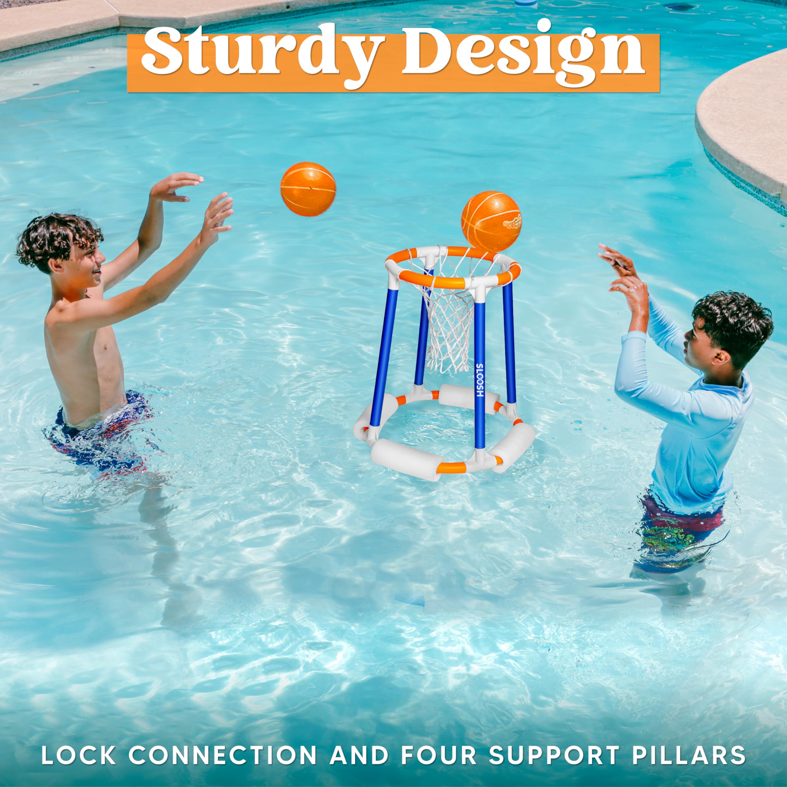 Floating Basketball Hoop for Pool - Sloosh Inflatable Water Basketball Game Set with Pump & Balls - Outdoor Swimming Pool Toys for Kids Adults - Perfect for Summer Parties, Beach Vacations & Backyard Fun (Blue/Orange)