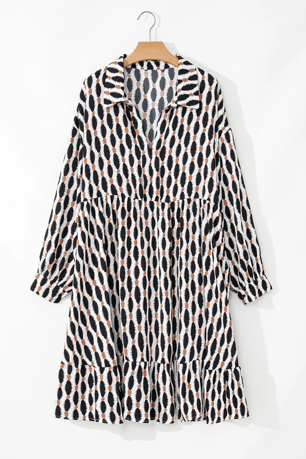 Stylish Plus Size Printed Johnny Collar Long Sleeve Resort Dress for Women - Perfect for Beach Vacations, Summer Getaways & Casual Outings
