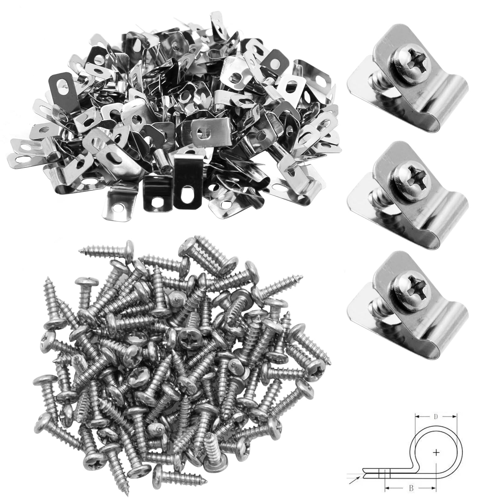 100Pcs Stainless Steel Wire Fence Clips with Screws - 3.2mm Diameter Heavy Duty Fencing Mounting Clips for 12-16 Gauge Wire - Secure Vinyl, Wood & Metal Fences - Perfect for Farm, Garden & Livestock Enclosures