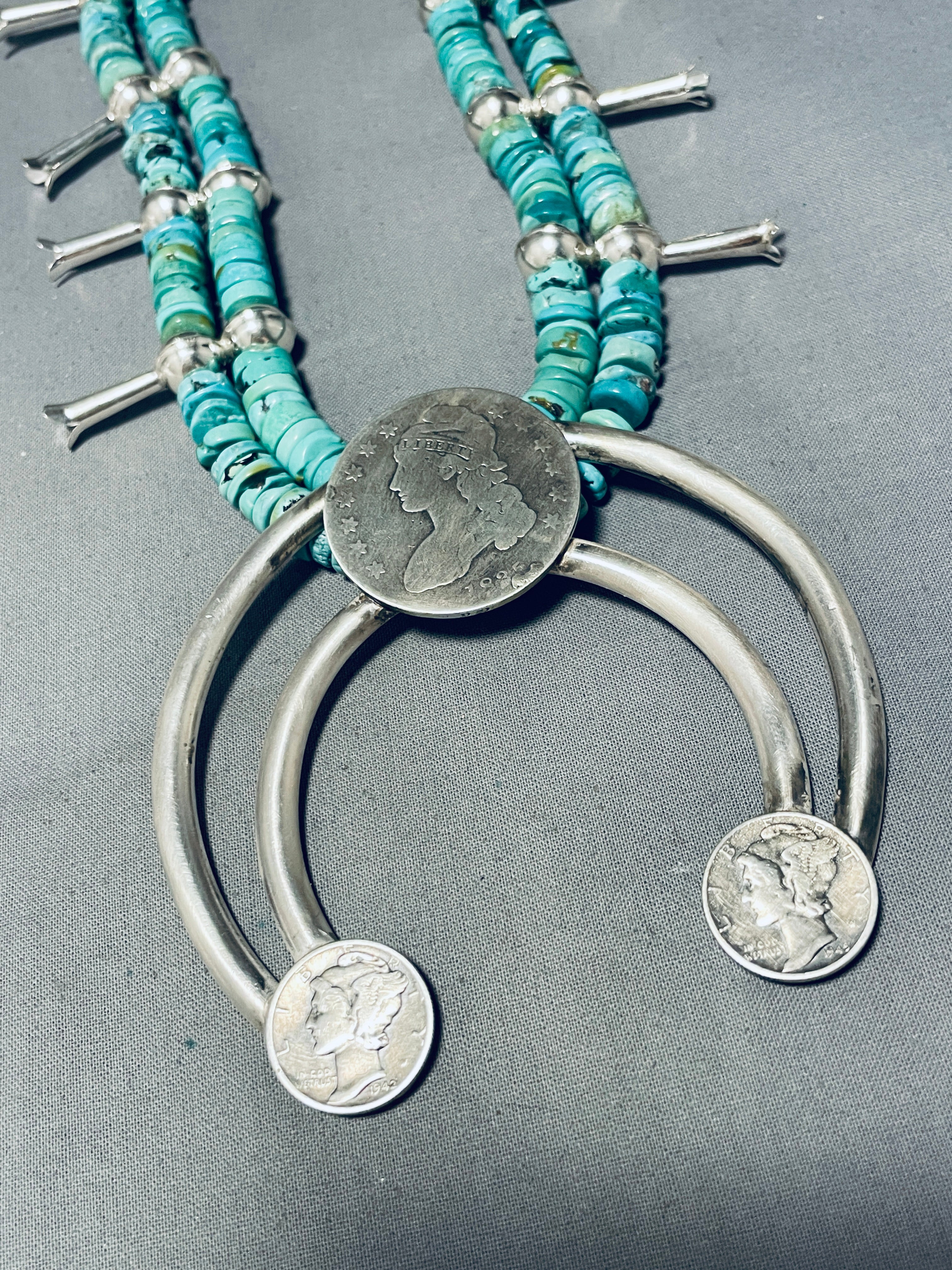 Authentic Navajo Sterling Silver Squash Blossom Necklace with Turquoise Coin - 191g Handcrafted Native American Jewelry for Women - Perfect for Boho Fashion, Weddings & Special Occasions
