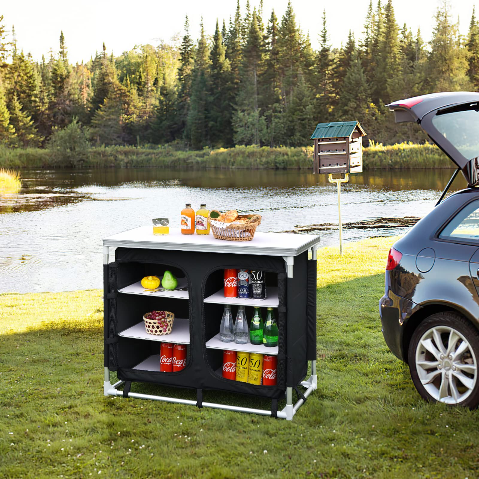GYMAX Portable Aluminum Camping Table with 6 Zipper Storage Organizers & Carry Bag - Foldable Outdoor Kitchen Station for Camping, BBQ, Picnic, Backyard Grilling (Black) | Perfect for Outdoor Cooking, Tailgating & RV Adventures