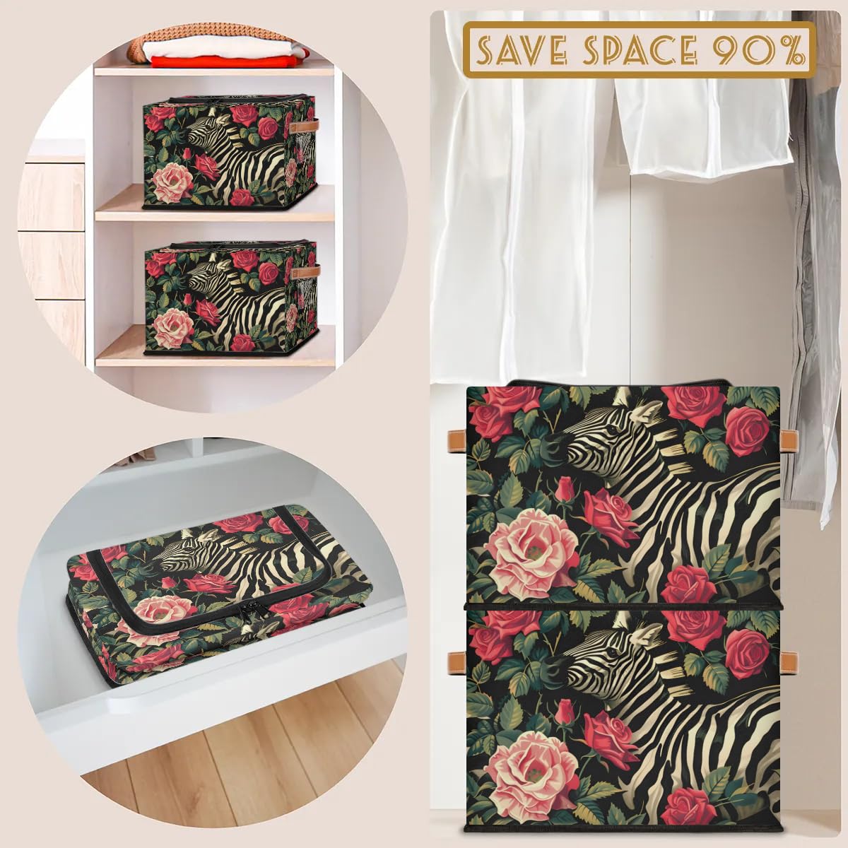 Rose Red Zebra Storage Bins with Zipper Lid - 2 Pack Stackable Storage Baskets with Metal Frame & PU Handles - Closet Organizer Cube for Clothes, Toys, or Blankets - Perfect for Bedroom, Nursery, or Office Storage Solutions