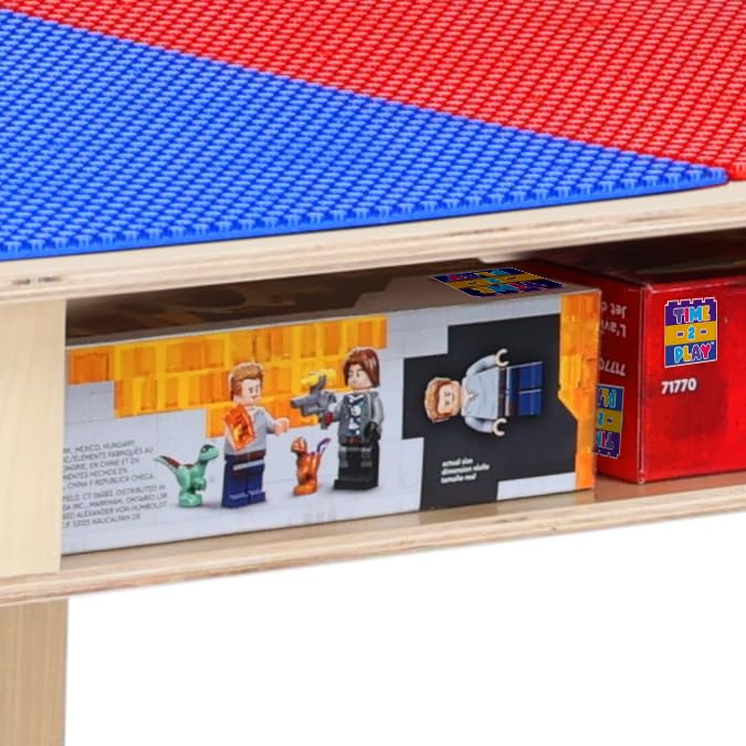 Montessori Play Table for Kids - Adjustable Height (18”-29”), Lego Compatible Building Blocks Table with Built-in Storage & Wheels, Rectangular Birch Plywood Design in Red & Blue - Perfect for Preschool Learning, Daycare Centers & Home Playrooms