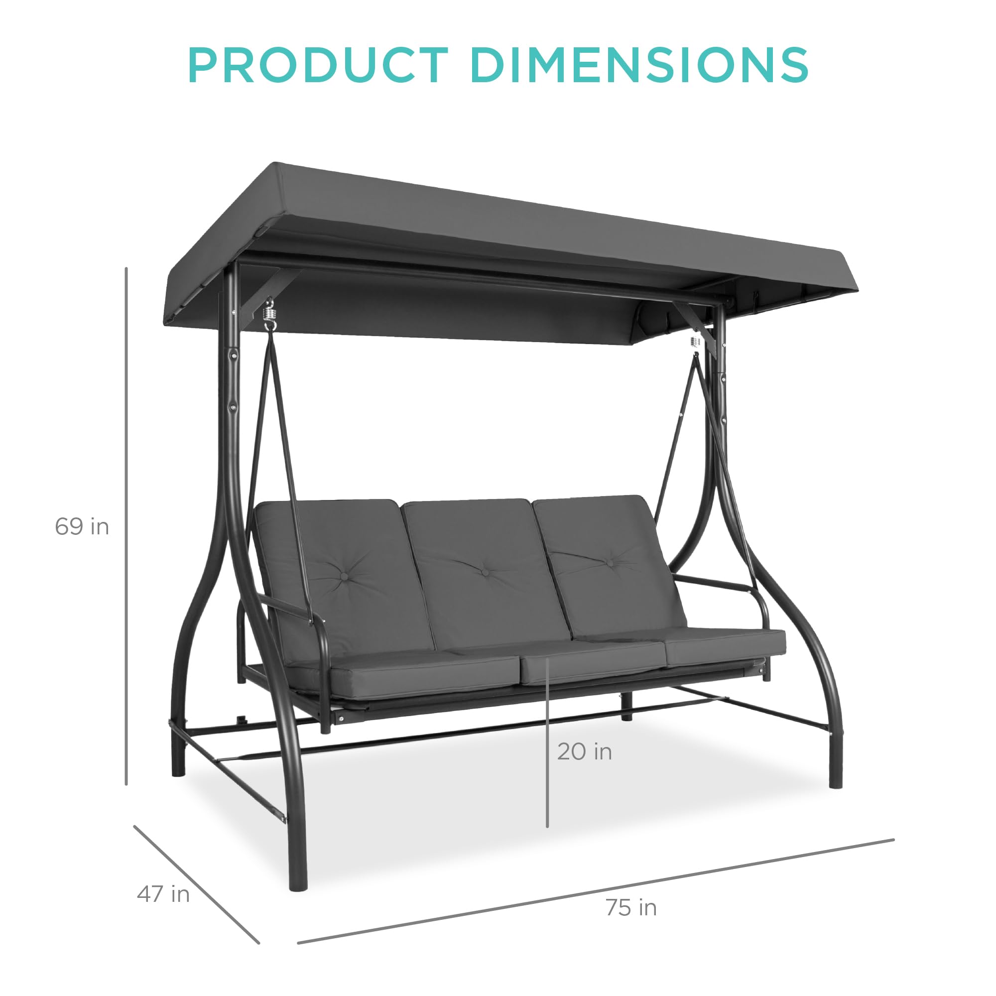 Best Choice Products 3-Seat Outdoor Canopy Swing Glider with Adjustable Shade & Removable Cushions - Gray Patio Hammock Lounge Chair for Porch, Backyard, Garden - Perfect for Relaxing, Sunbathing & Outdoor Gatherings