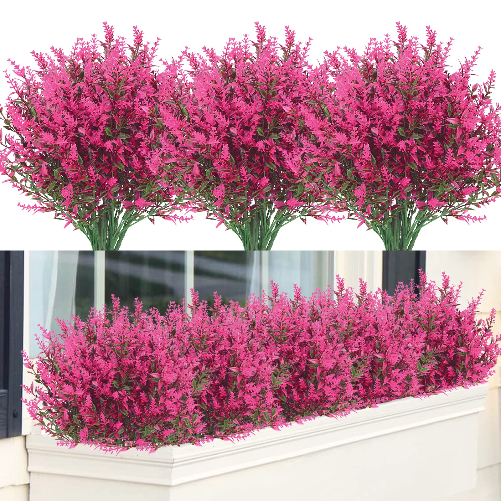 24 Pack Artificial Lavender Flowers - UV Resistant Faux Plastic Plants for Outdoor Garden, Porch, Window Box Decor - No Fade Fake Flowers for Home, Wedding, Party Decoration (Hot Pink)