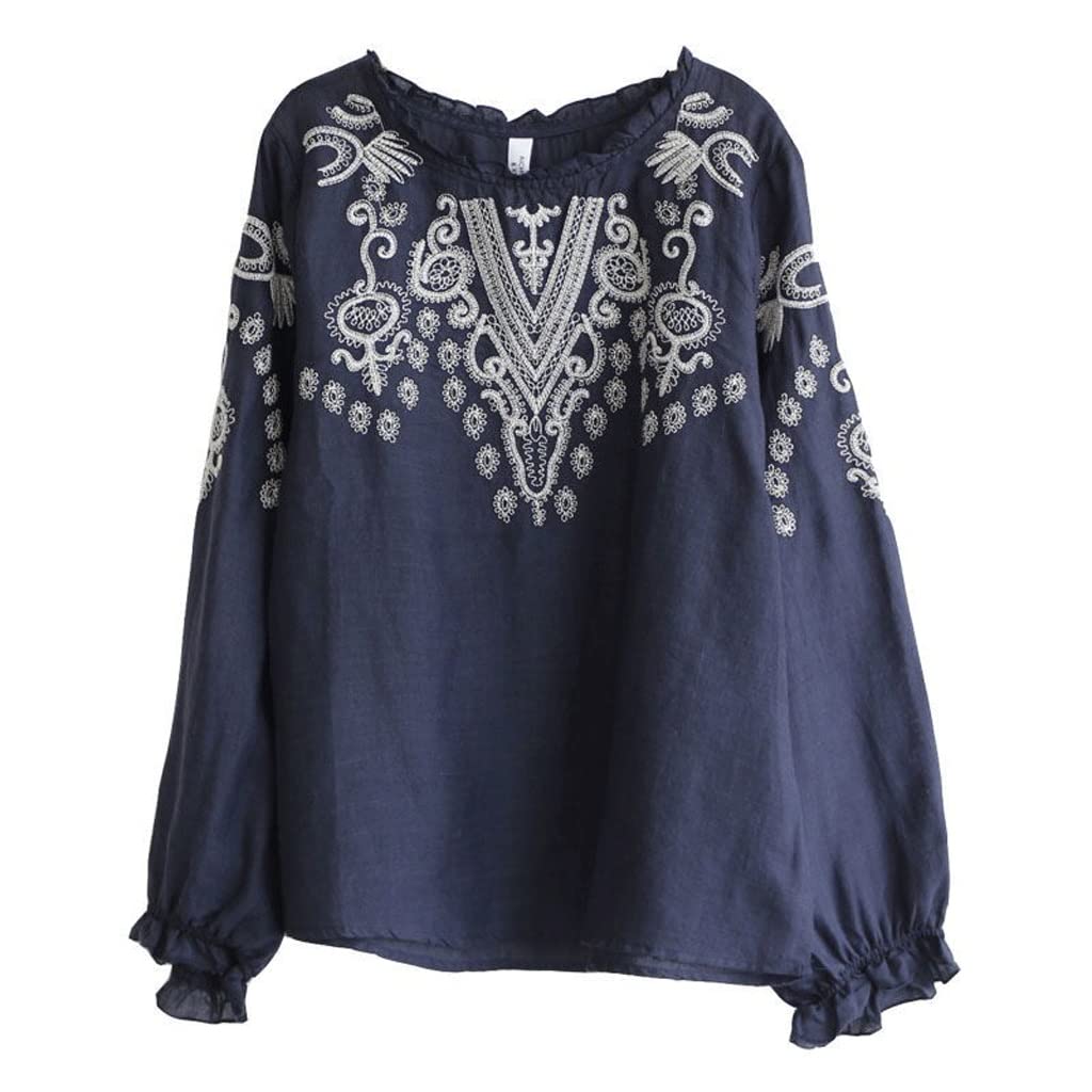 Vintage Embroidery Blouse Women's Long Sleeve Ruffled Top - Cotton Linen Casual Shirt with O-Neck (Blue, X-Large) for Spring Outfits & Boho Style Fashion