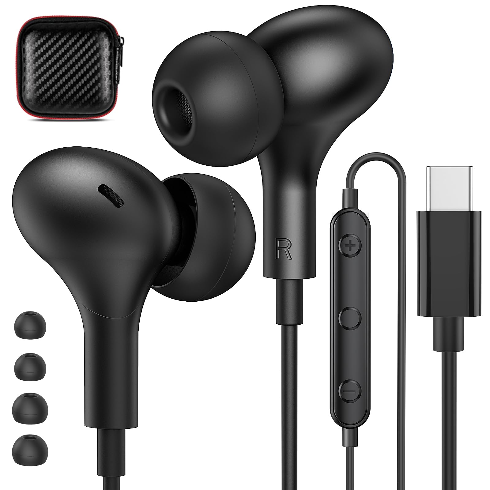 USB C Headphones with Microphone - Wired Magnetic Earbuds for Samsung Galaxy S24 Ultra/S23 FE/S22/S21/A55/A35/Note20 10+/Flip Fold, iPhone 16/15 Plus, Google Pixel - Noise Isolating In-Ear Type C Earphones for Workouts, Commuting & Gaming