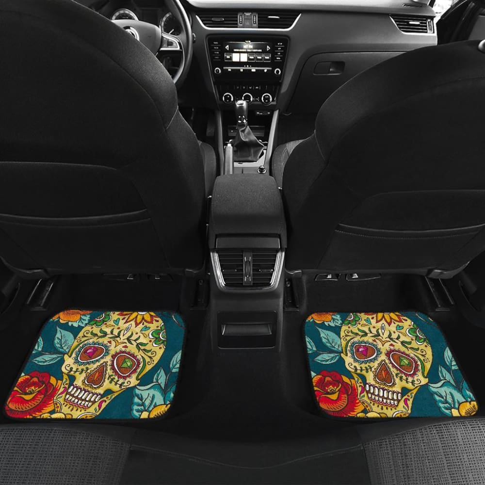 2 Pcs Day of The Dead Sugar Skulls Car Mats - Colorful Mexican Style Floor Mats for Halloween, Dia de Los Muertos - Perfect for Cars, Trucks, and SUVs