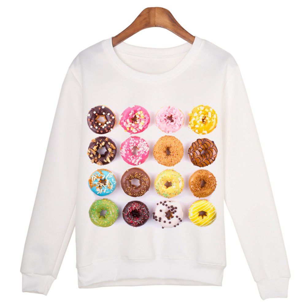 Women's Cute Donut Printed Long Sleeve Catamaran Sweatshirt - Cozy Pullover for Casual Wear, Lounge & Fall Fashion
