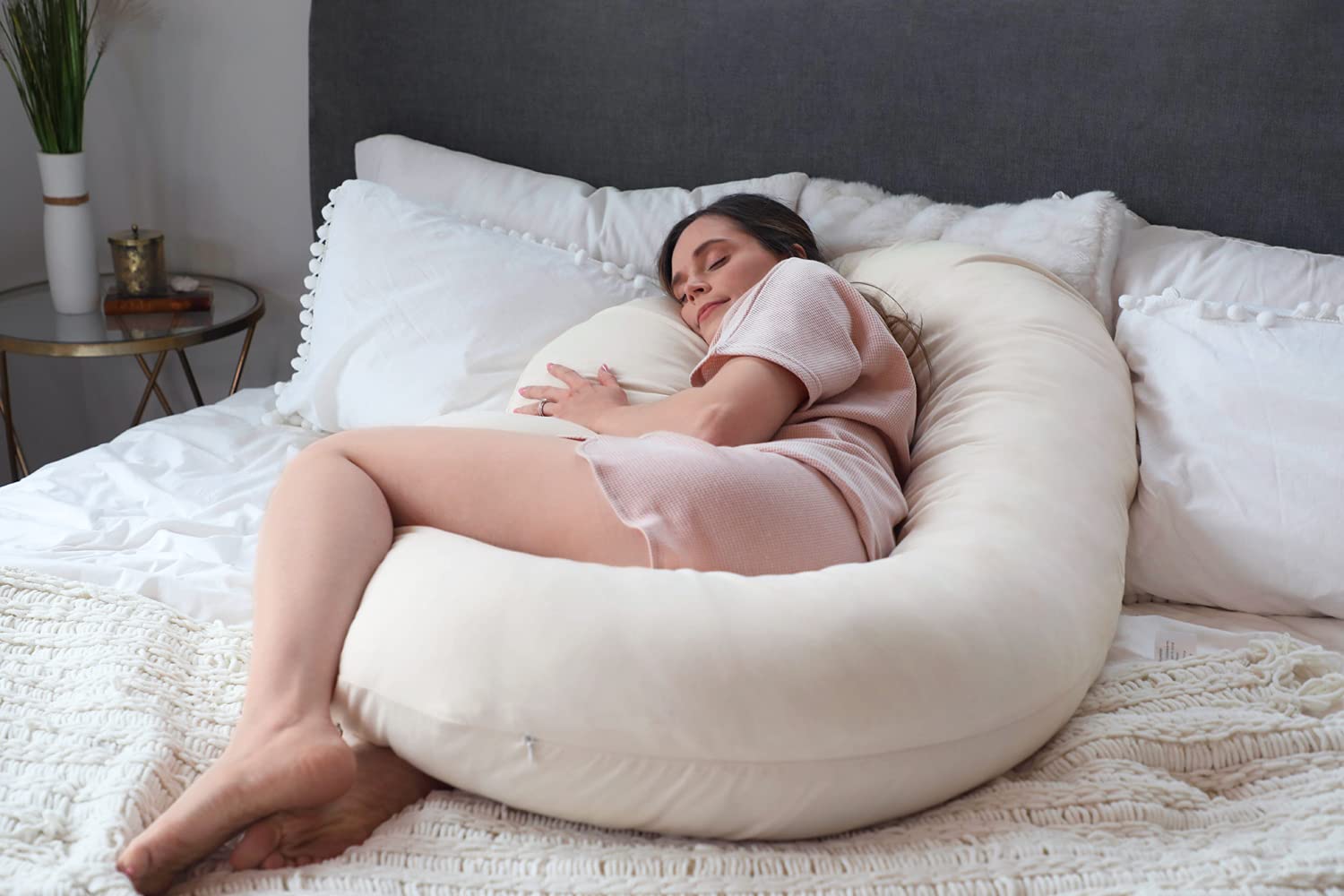 Pharmedoc C-Shape Full Body Pregnancy Pillow with Jersey Cover - Beige Maternity Pillow for Side Sleepers, Back Pain Relief & Comfort - Perfect Gift for Pregnant Women & New Moms - Ideal for Bed Rest, Nursing & Relaxation
