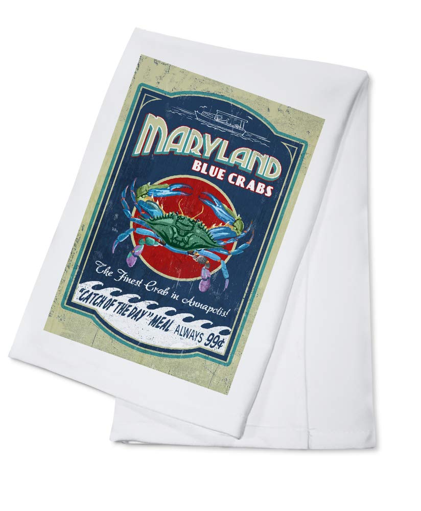 Annapolis Maryland Blue Crabs Vintage Sign Contour - 100% Cotton Tea Towel & Decorative Hand Towel for Kitchen, Home Decor | Perfect for Coastal Themed Kitchens, Crab Shack Restaurants & Maryland Souvenirs