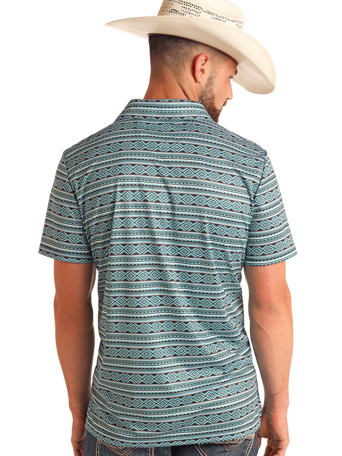 Rock & Roll Denim Men's Aztec Printed Polo Shirt - Teal Blue Casual Short Sleeve Top for Summer Streetwear & Music Festivals